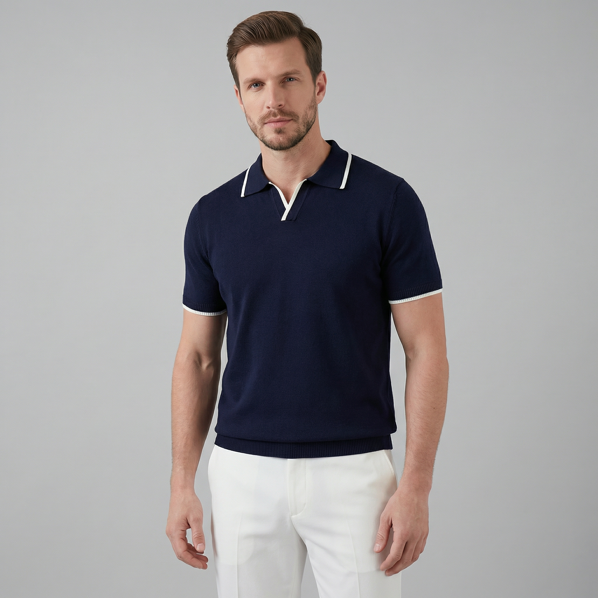 Men's Contrast Tipped Knit Polo Shirt Short Sleeve Summer