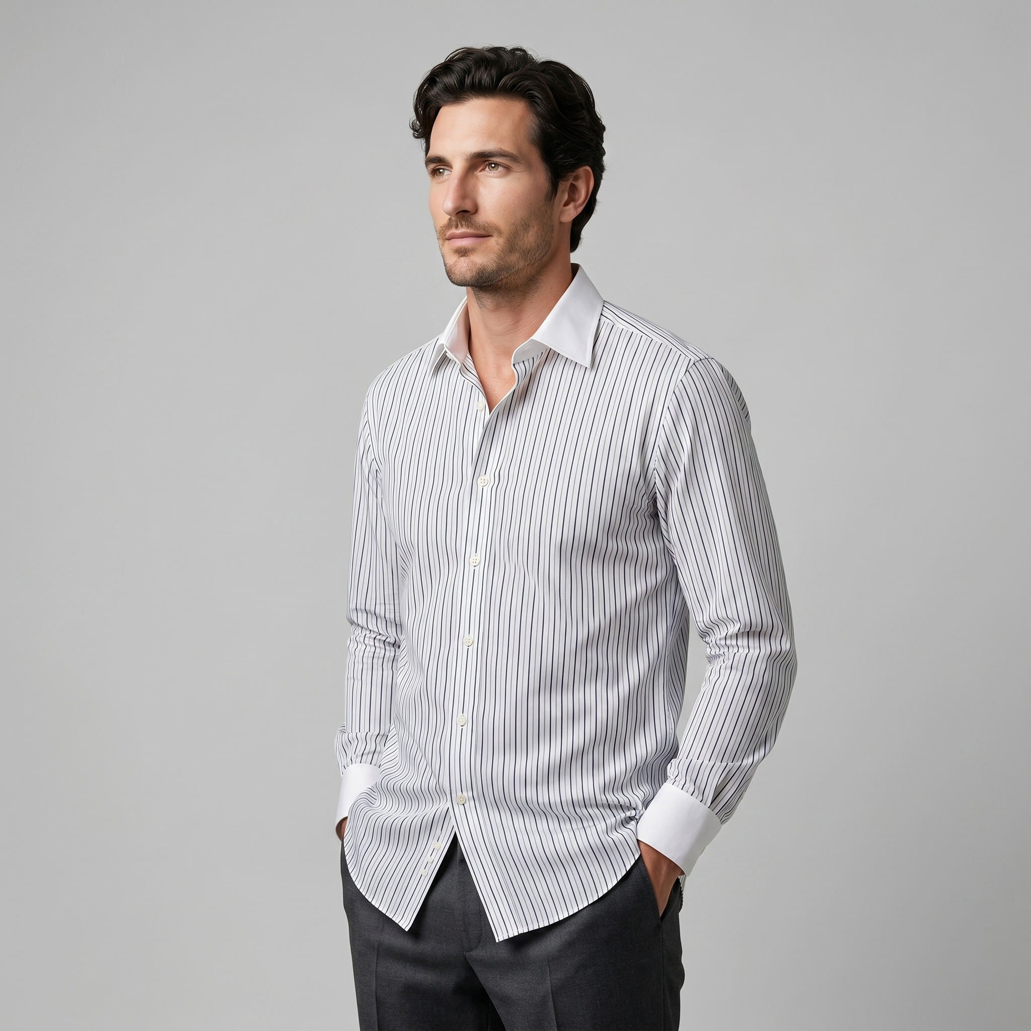 Men's Slim Fit Pinstripe Long Sleeve Dress Shirt