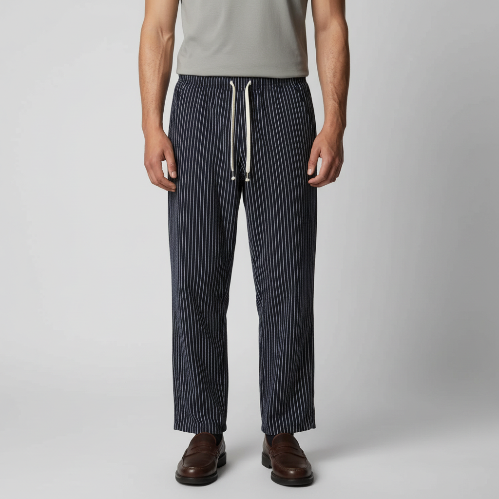 Men's Pinstripe Wide Leg Drawstring Trousers Summer