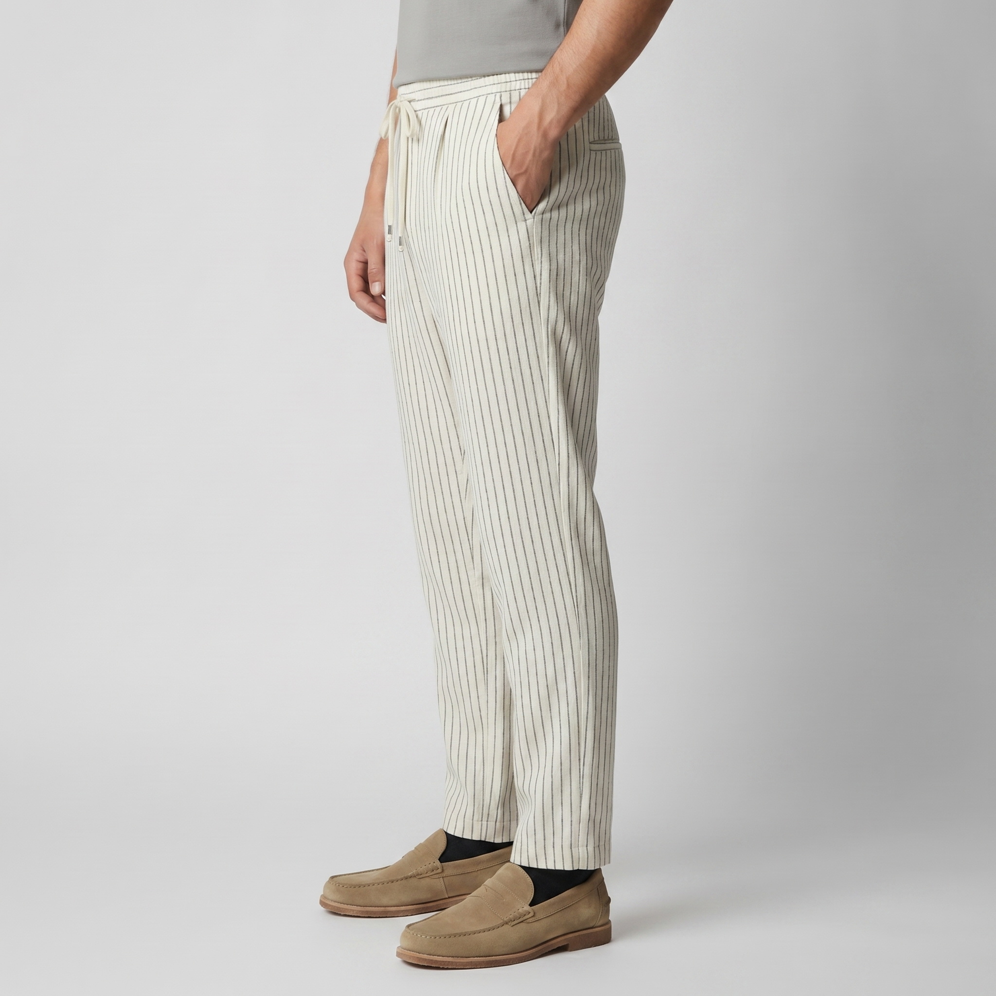 Men's Linen Pinstripe Straight Leg Drawstring Trousers Summer