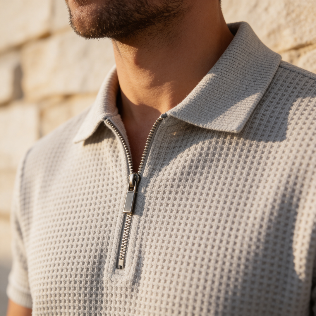 Men's Textured Zip Polo Shirt Shorts Co-ord Set Summer