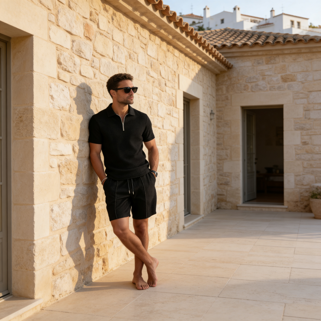 Men's Textured Zip Polo Shirt Shorts Co-ord Set Summer