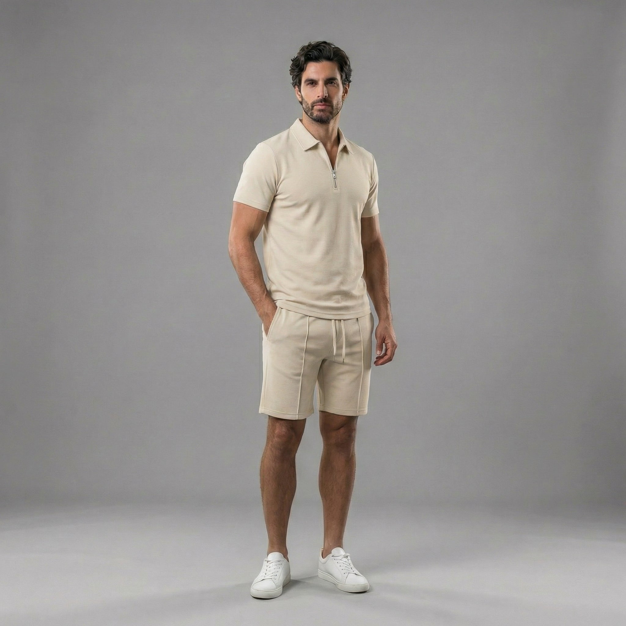 Men's Zip Polo Shirt Shorts Co-ord Set Summer