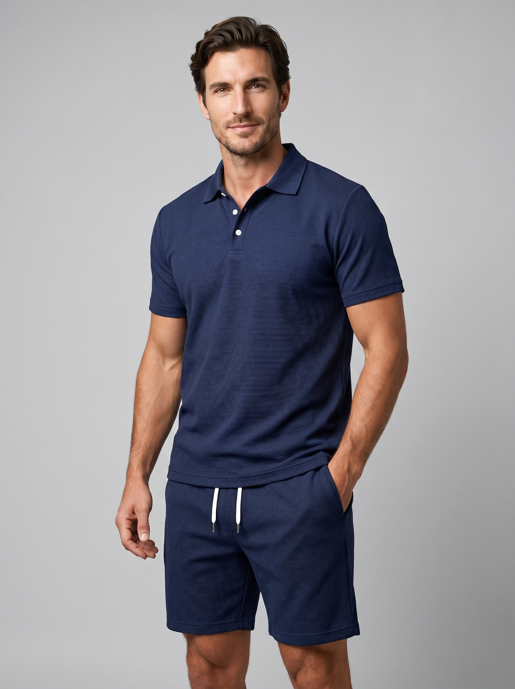 Men's Textured Polo Shirt Shorts Co-ord Set Summer