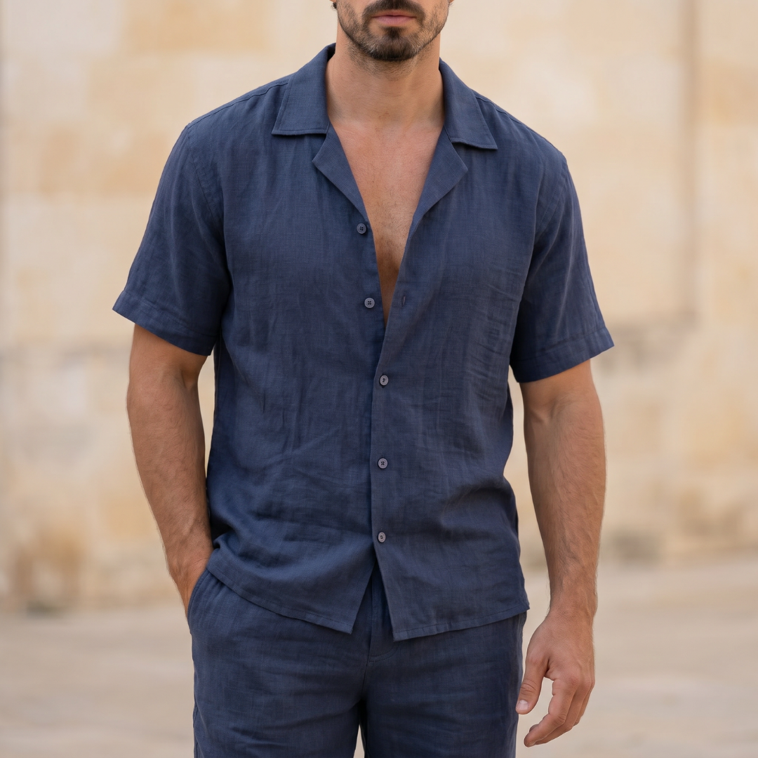 Men's Linen Cuban Collar Shirt Shorts Co-ord Set Summer