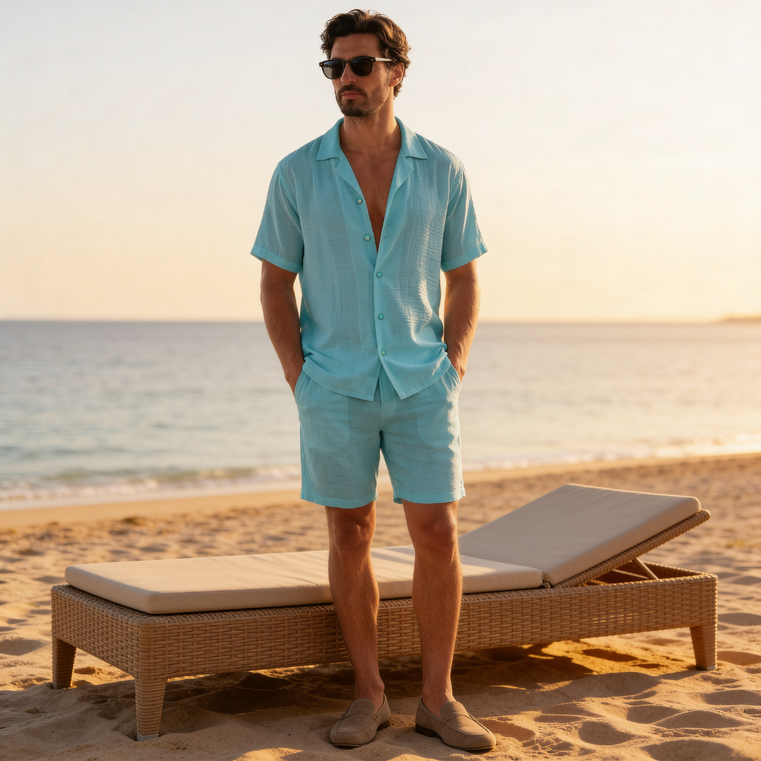 Men's Linen Cuban Collar Shirt Shorts Co-ord Set Summer