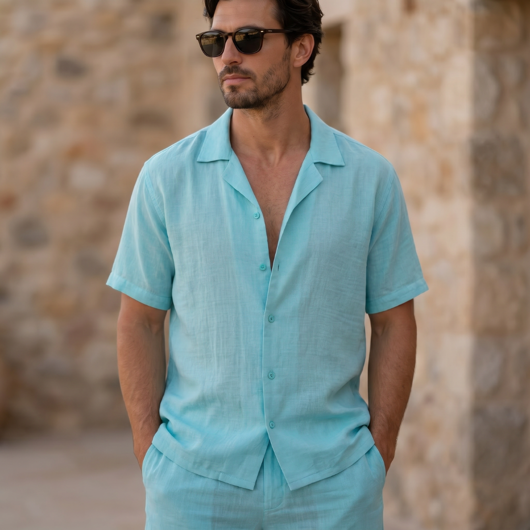 Men's Linen Cuban Collar Shirt Shorts Co-ord Set Summer