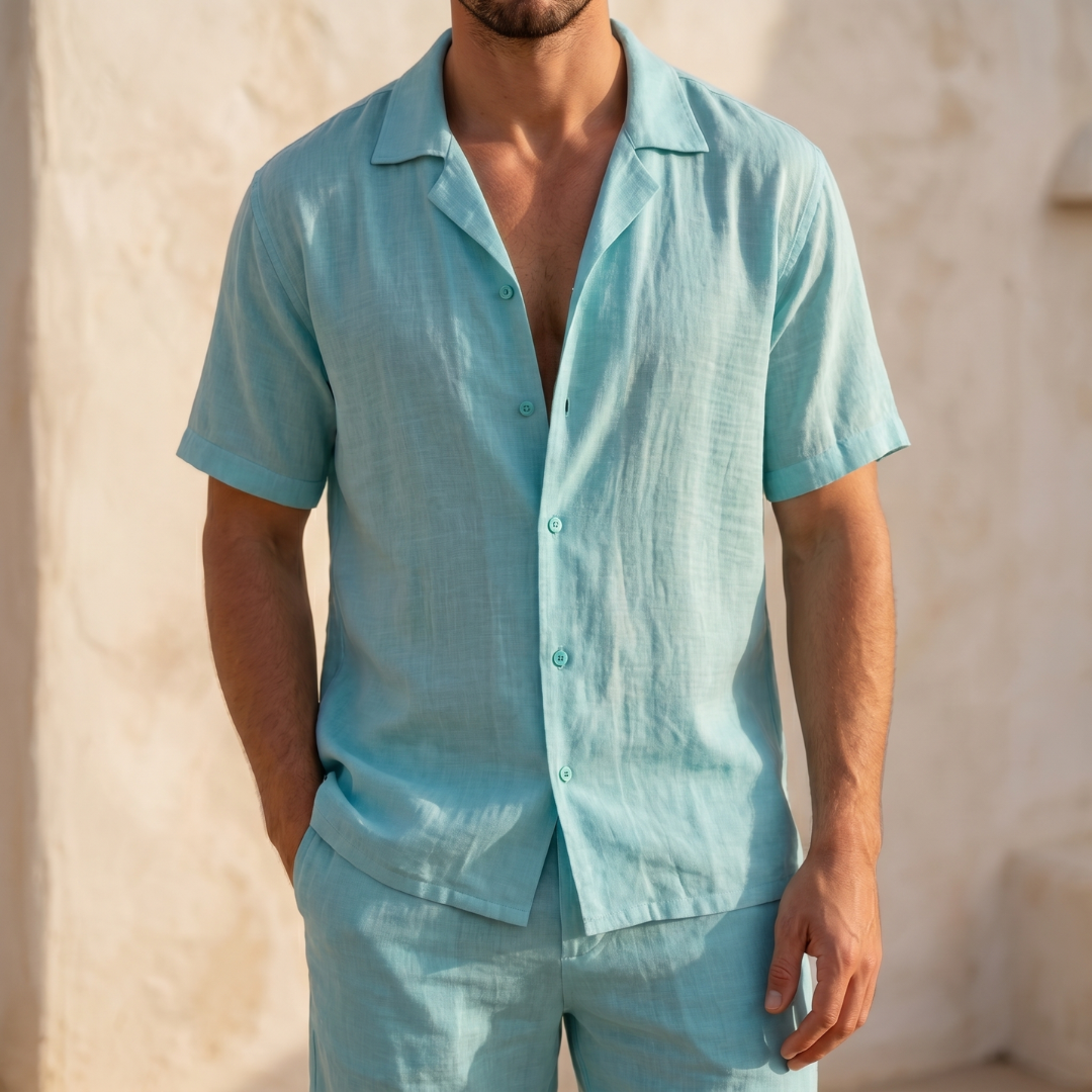 Men's Linen Cuban Collar Shirt Shorts Co-ord Set Summer