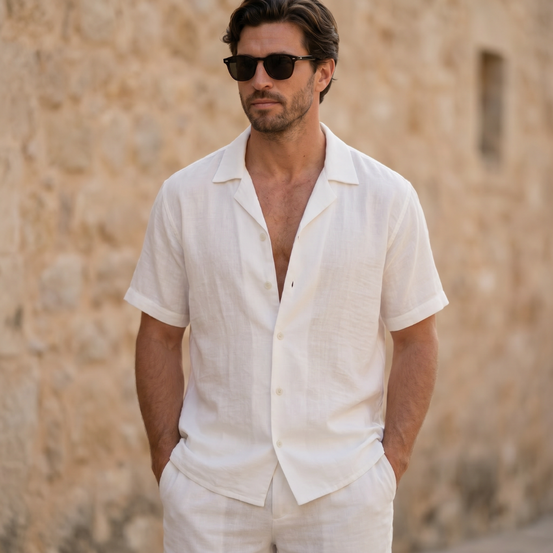 Men's Linen Cuban Collar Shirt Shorts Co-ord Set Summer