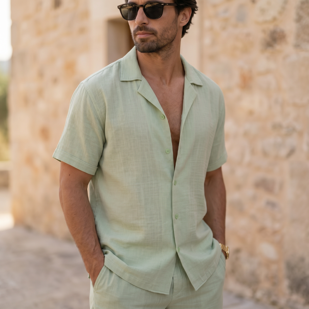 Men's Linen Cuban Collar Shirt Shorts Co-ord Set Summer