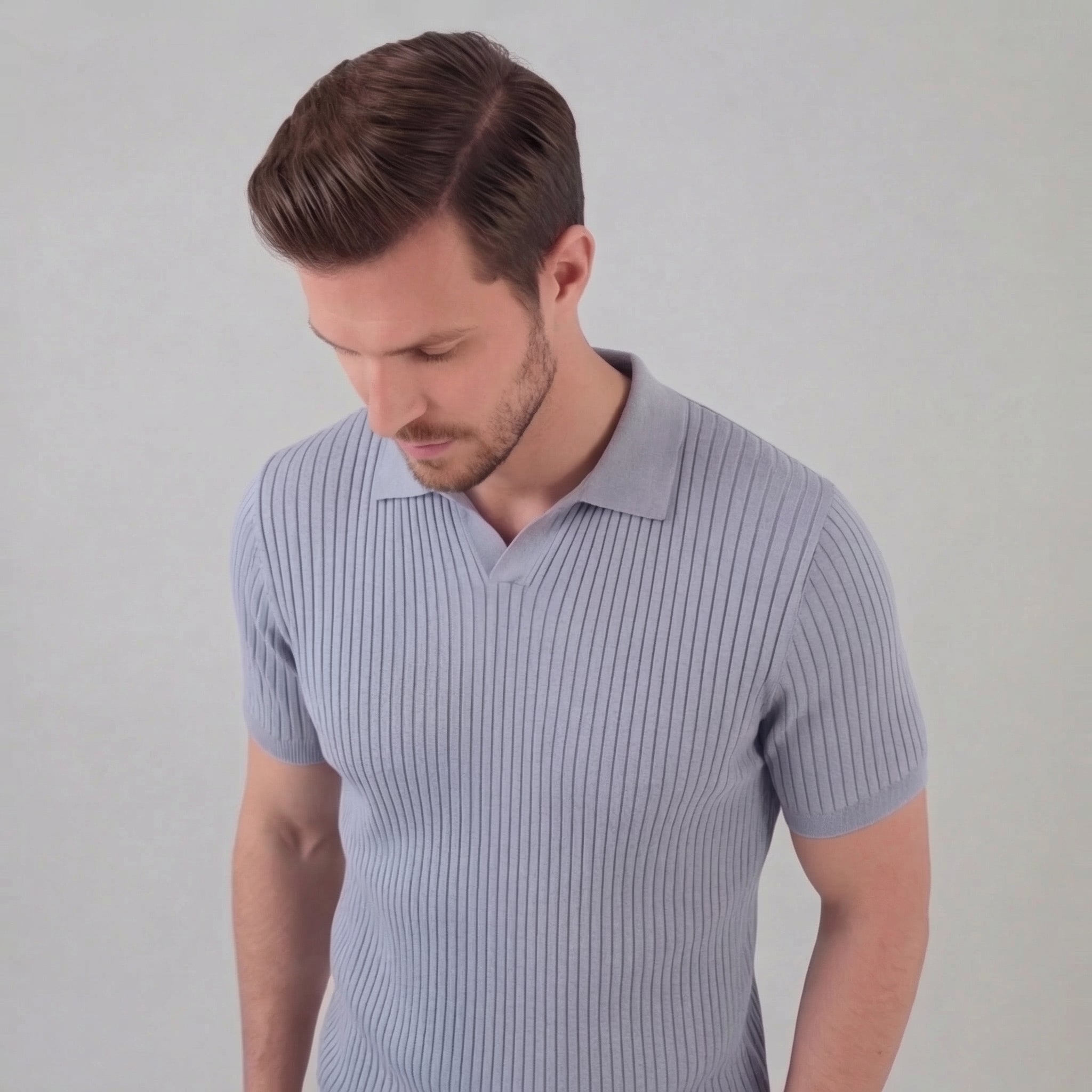 Men's Ribbed Knit Open Collar Polo Shirt Short Sleeve Summer