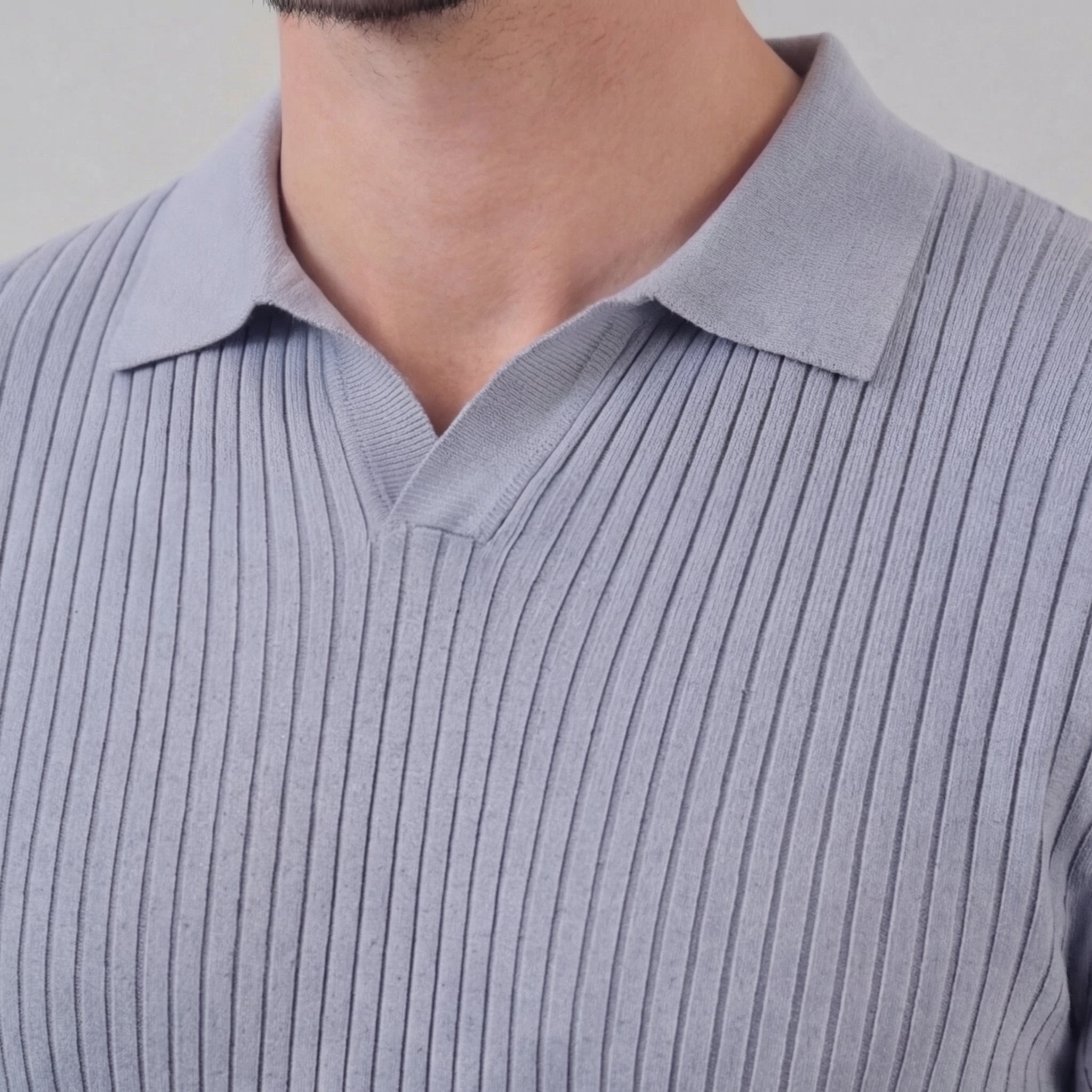 Men's Ribbed Knit Open Collar Polo Shirt Short Sleeve Summer