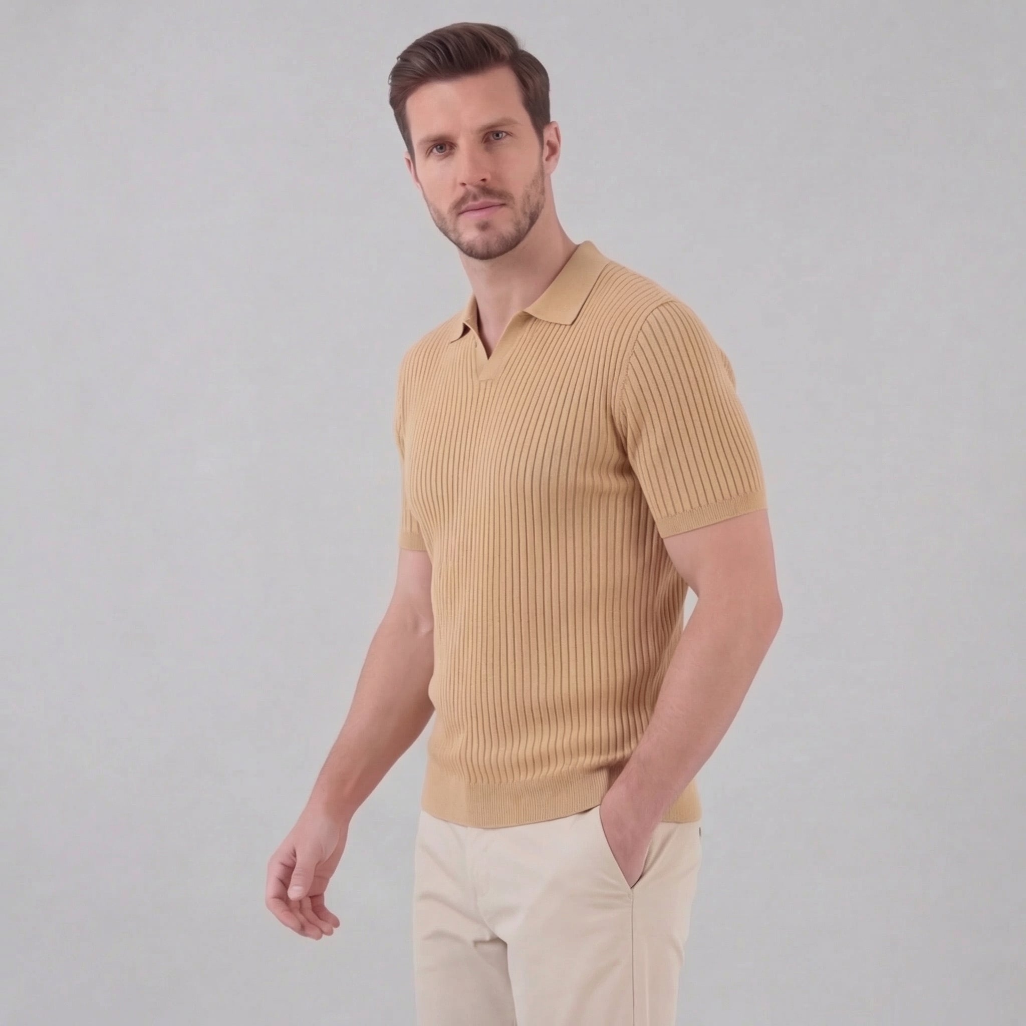 Men's Ribbed Knit Open Collar Polo Shirt Short Sleeve Summer