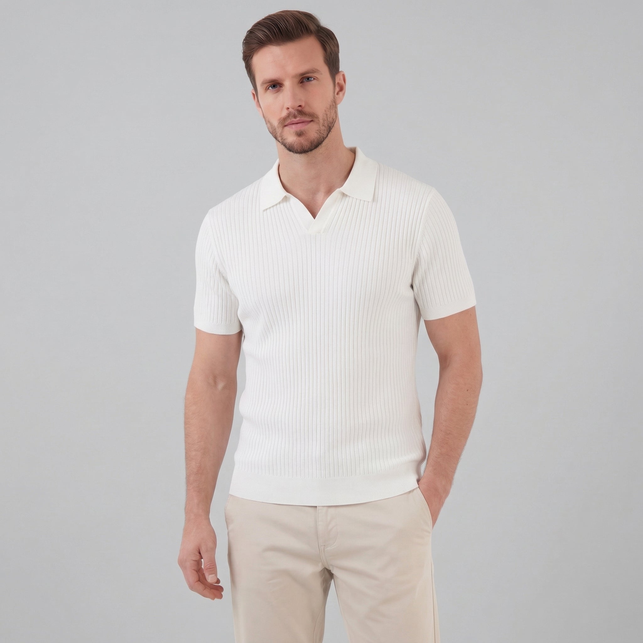 Men's Ribbed Knit Open Collar Polo Shirt Short Sleeve Summer