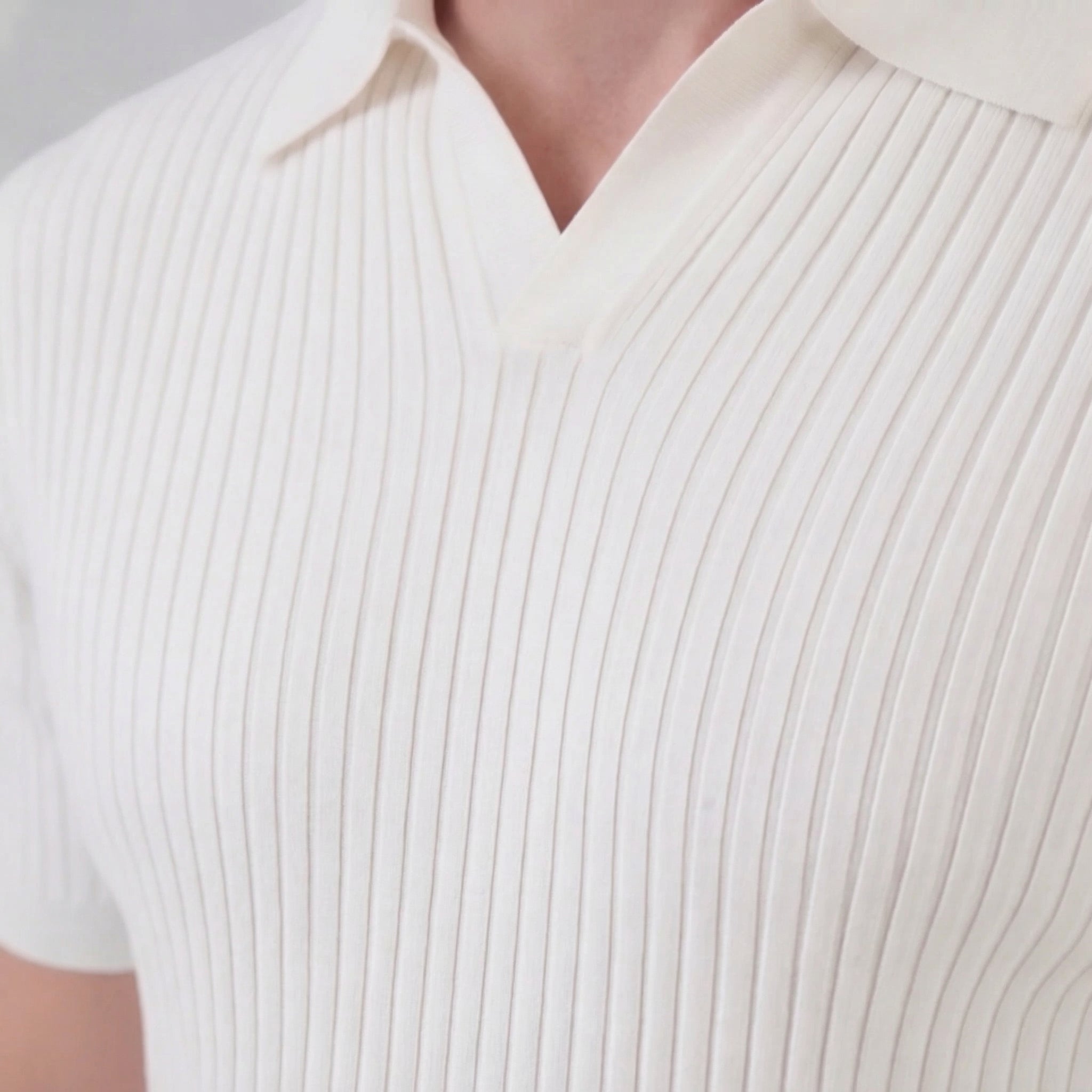 Men's Ribbed Knit Open Collar Polo Shirt Short Sleeve Summer