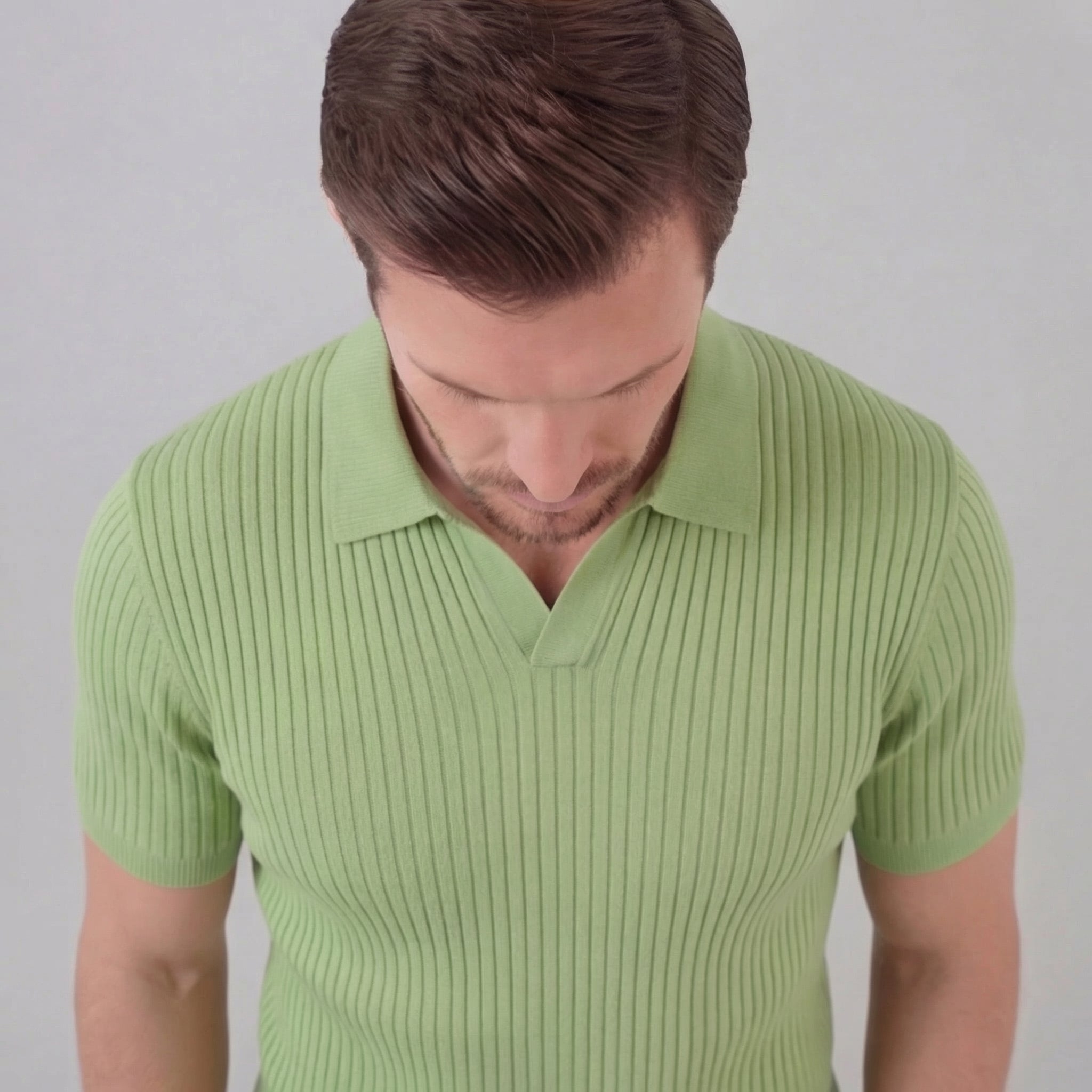 Men's Ribbed Knit Open Collar Polo Shirt Short Sleeve Summer