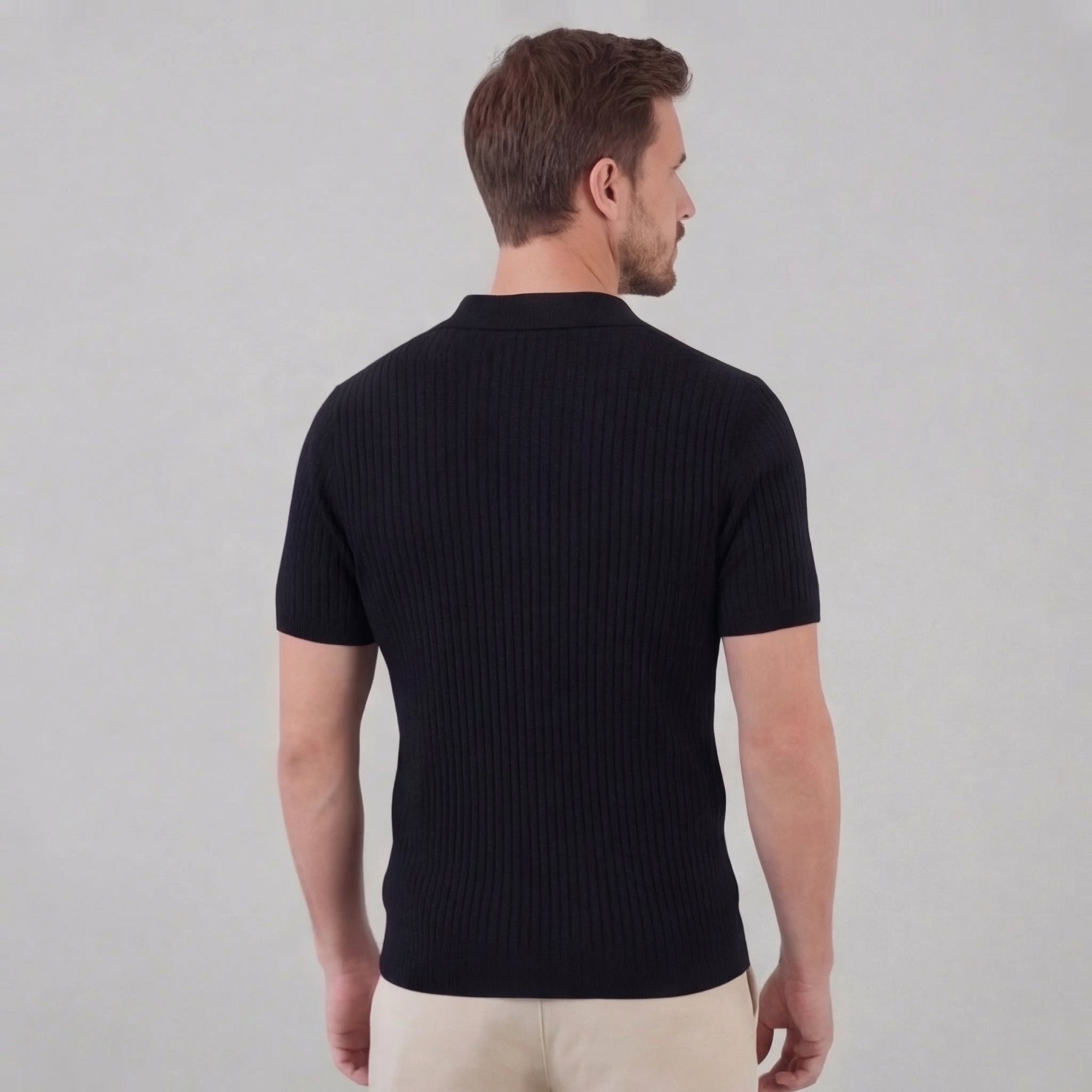 Men's Ribbed Knit Open Collar Polo Shirt Short Sleeve Summer