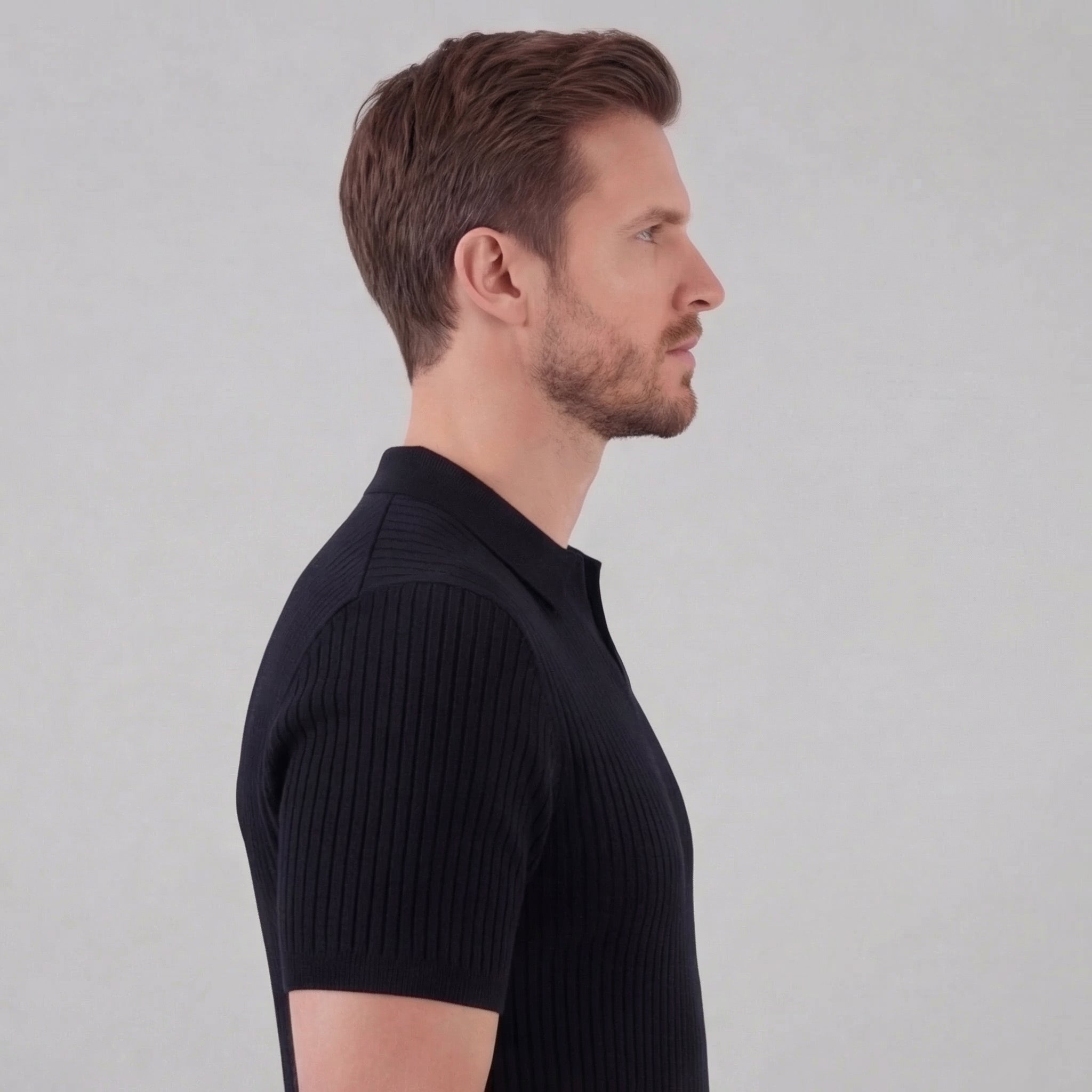 Men's Ribbed Knit Open Collar Polo Shirt Short Sleeve Summer