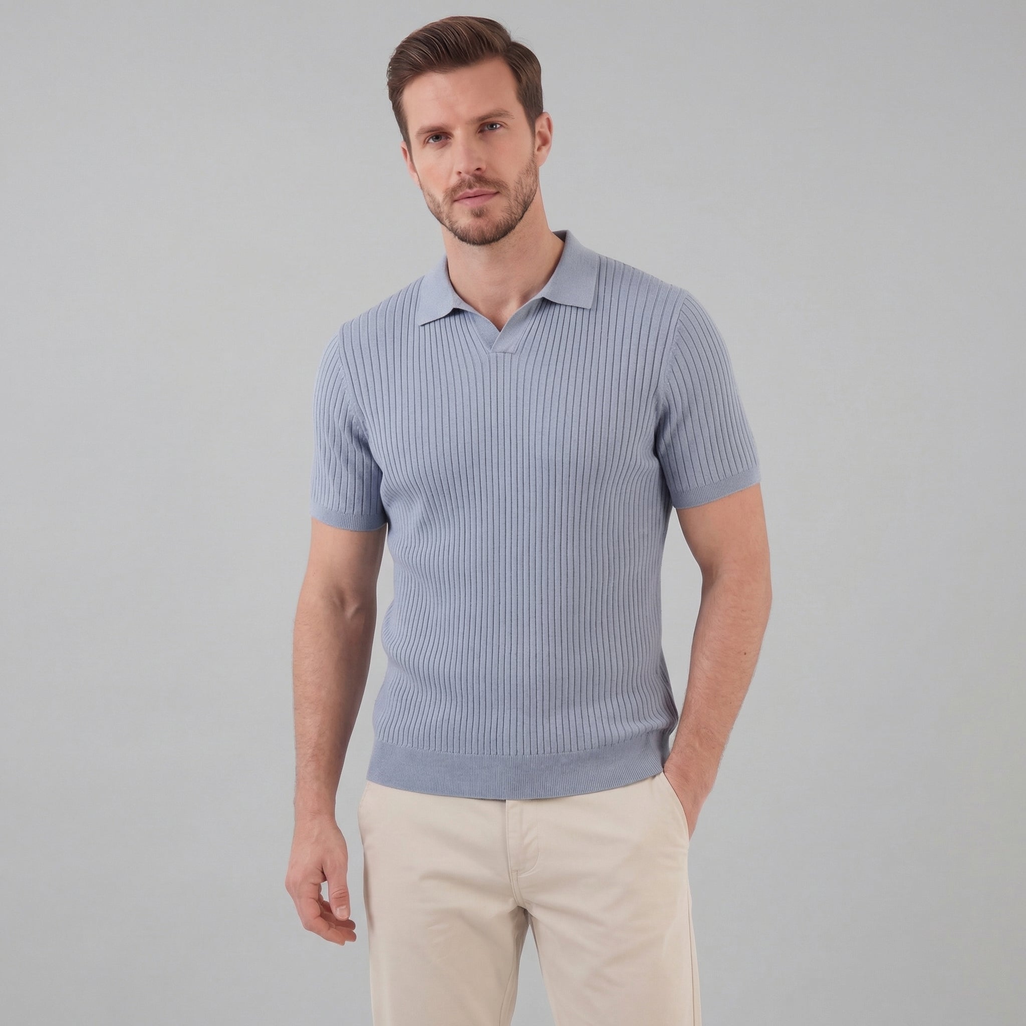 Men's Ribbed Knit Open Collar Polo Shirt Short Sleeve Summer