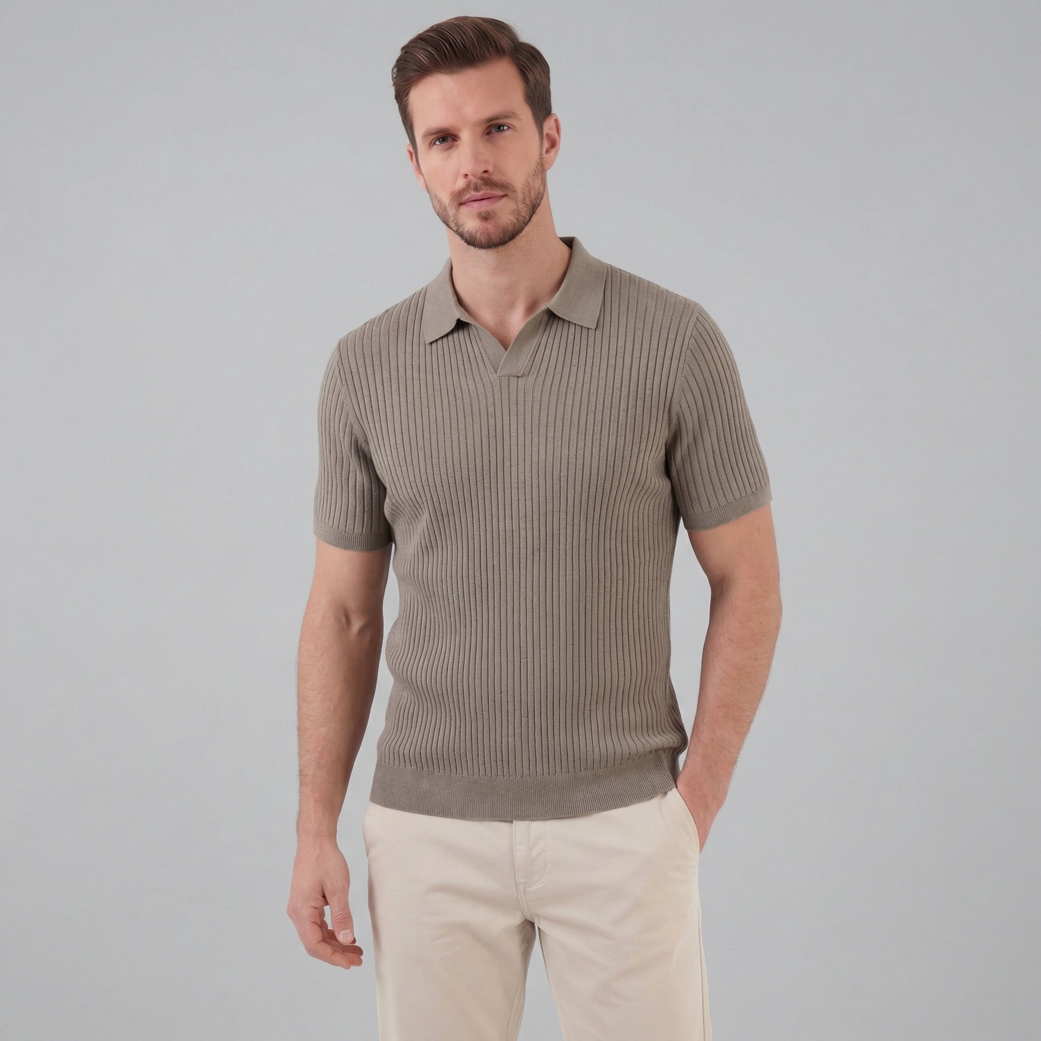 Men's Ribbed Knit Open Collar Polo Shirt Short Sleeve Summer