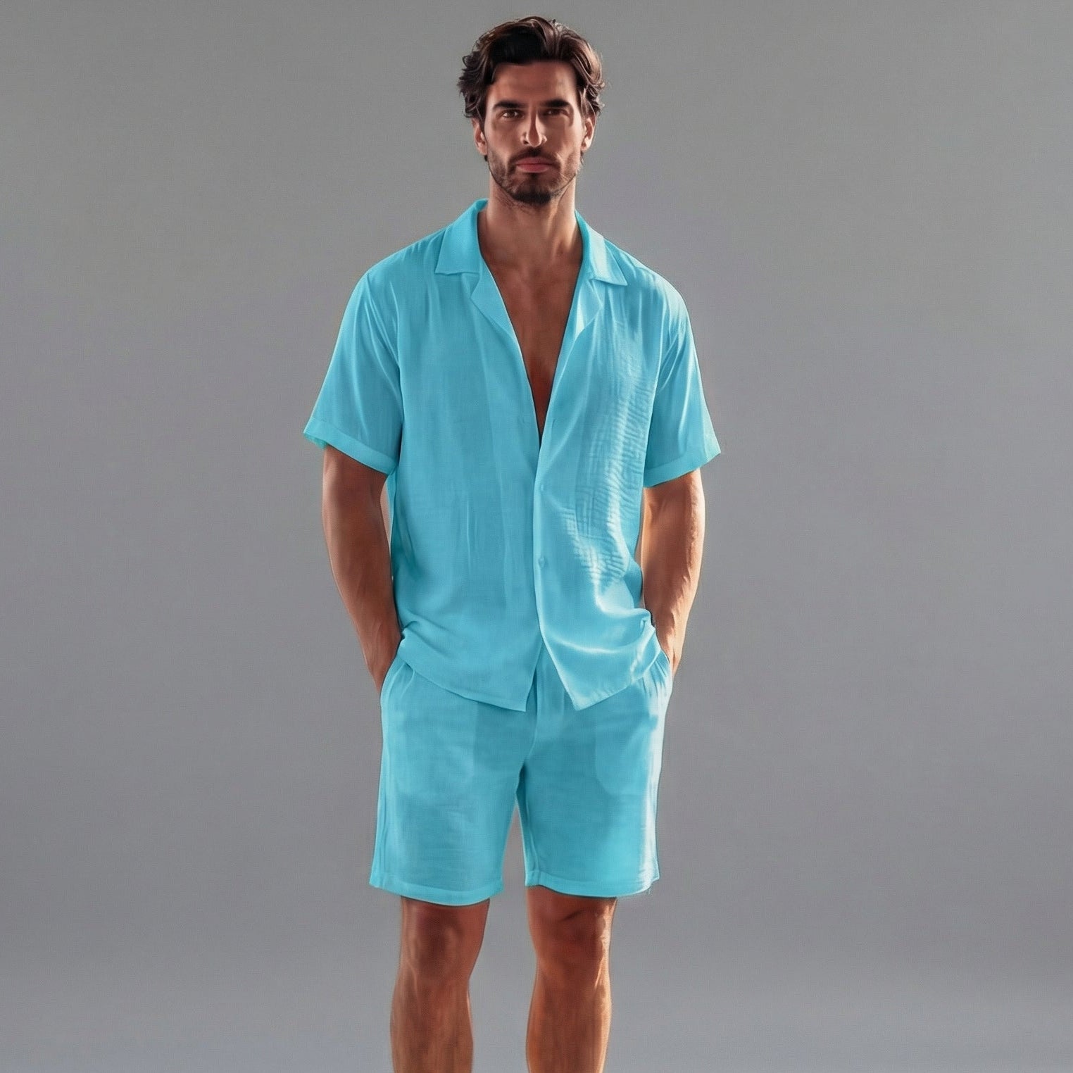 Men's Linen Camp Collar Shirt Shorts Co-ord Set Summer