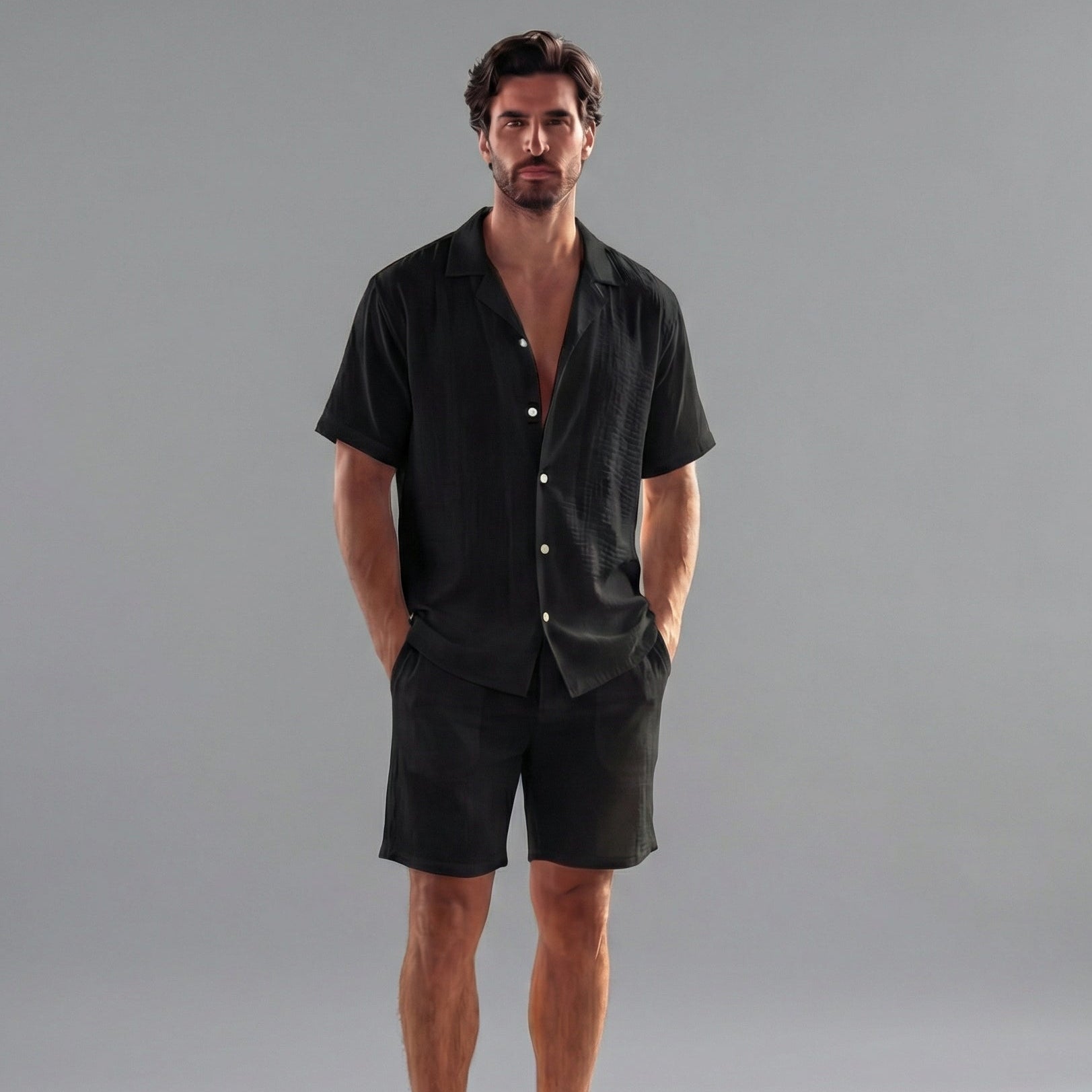 Men's Linen Camp Collar Shirt Shorts Co-ord Set Summer