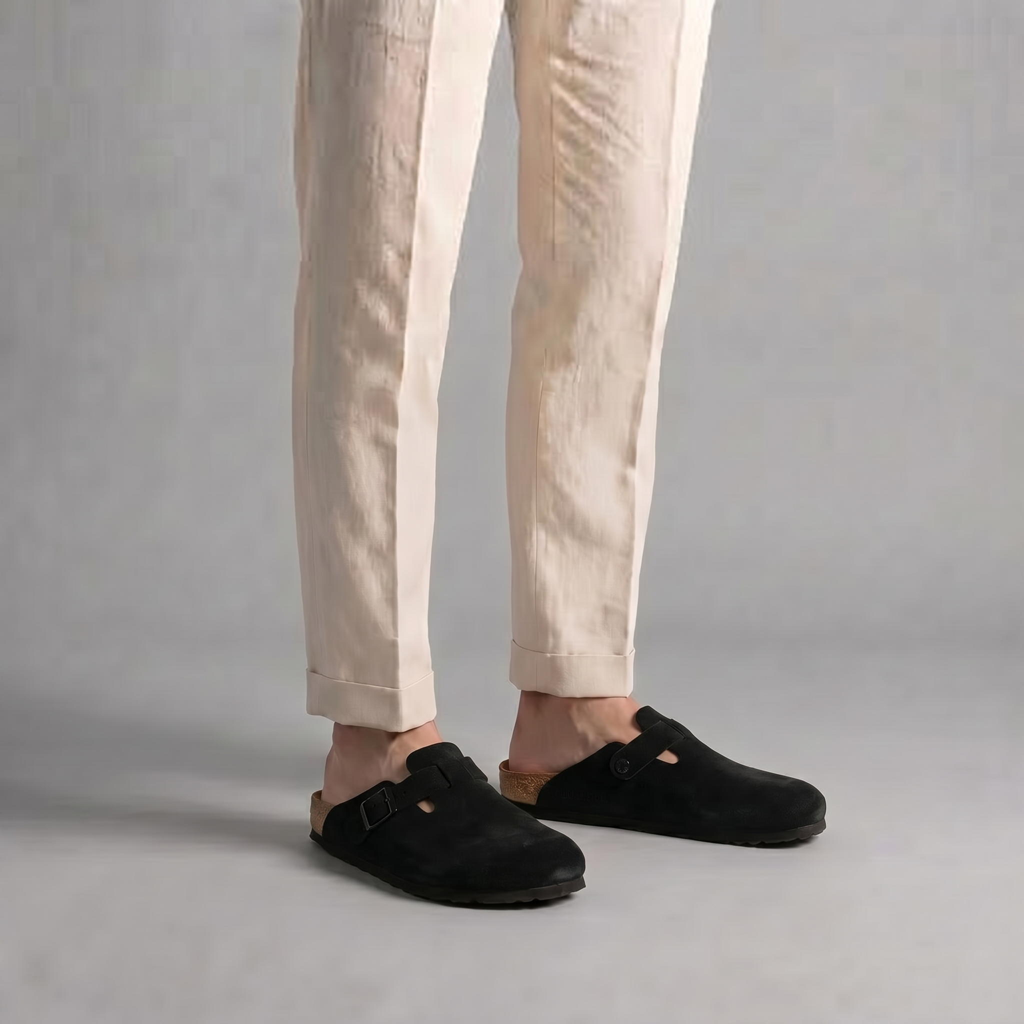 Men's Suede Buckle Strap Closed Toe Mules Summer