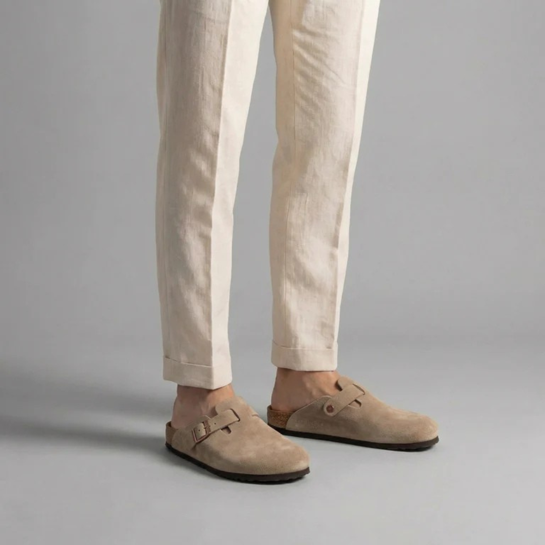 Men's Suede Buckle Strap Closed Toe Mules Summer