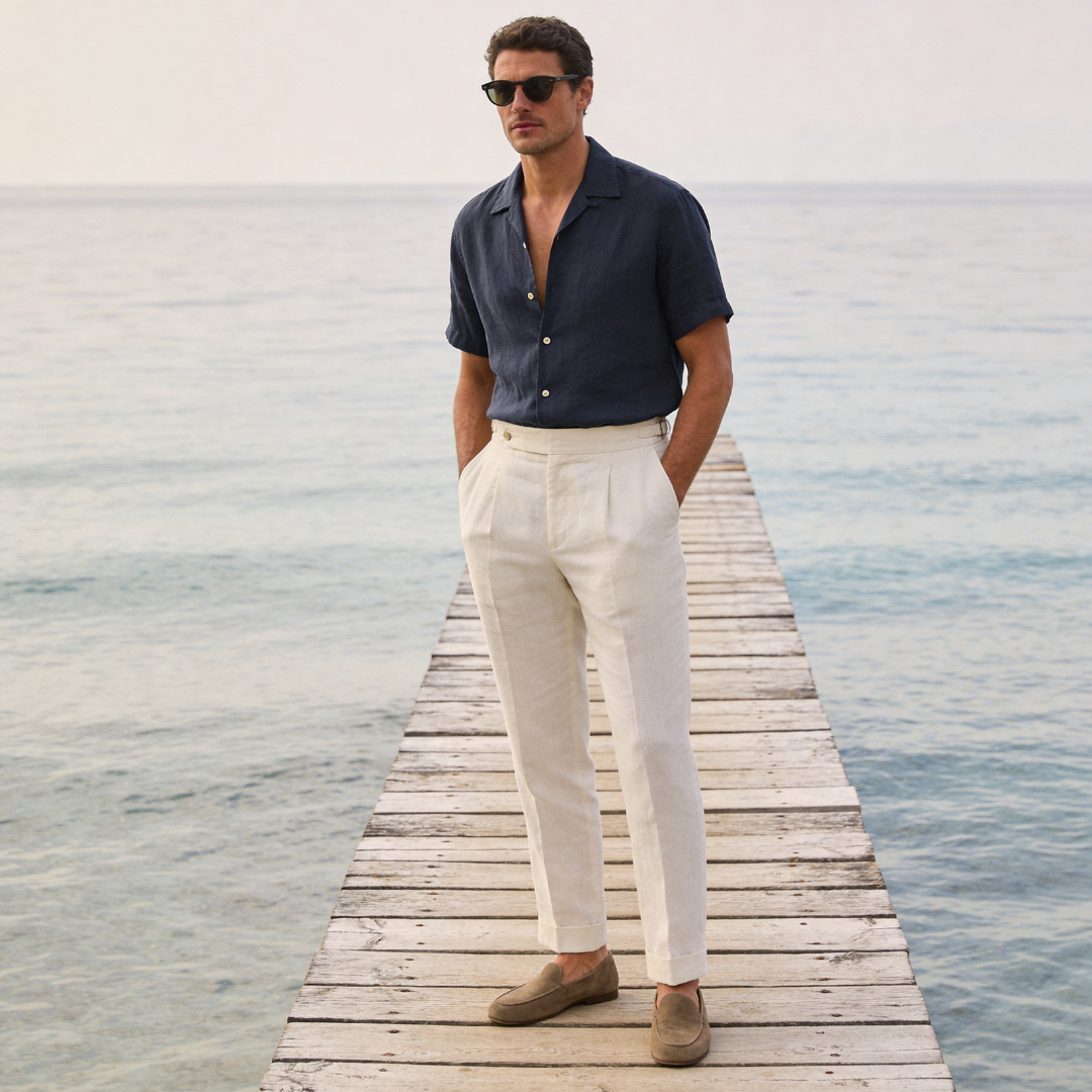 Men's Linen Tailored Flat Front Trousers Summer