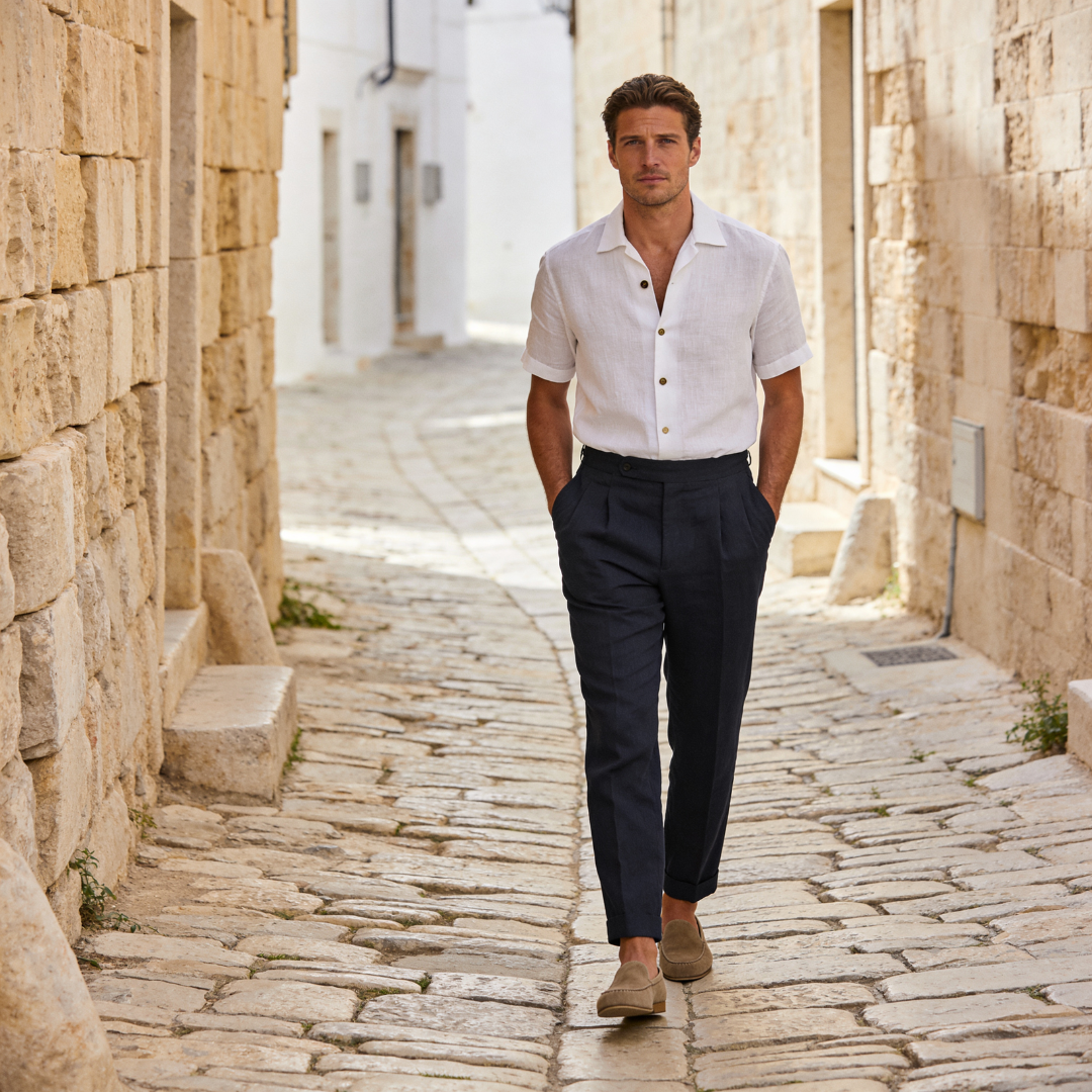 Men's Linen Tailored Flat Front Trousers Summer