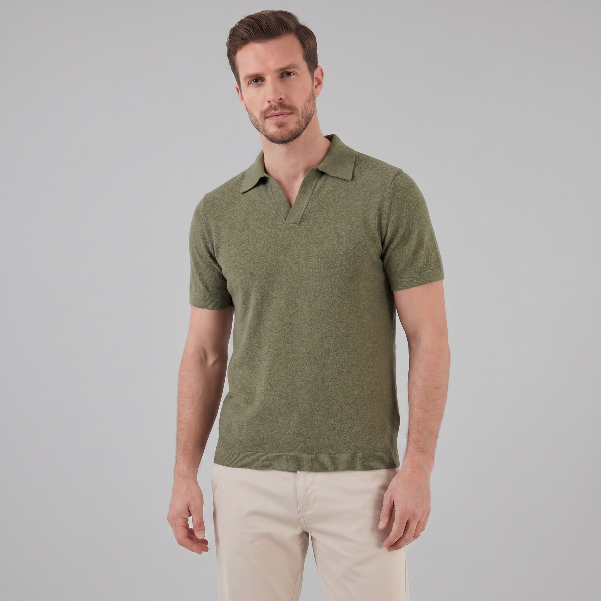 Men's V-Neck Knit Polo Shirt Short Sleeve Summer