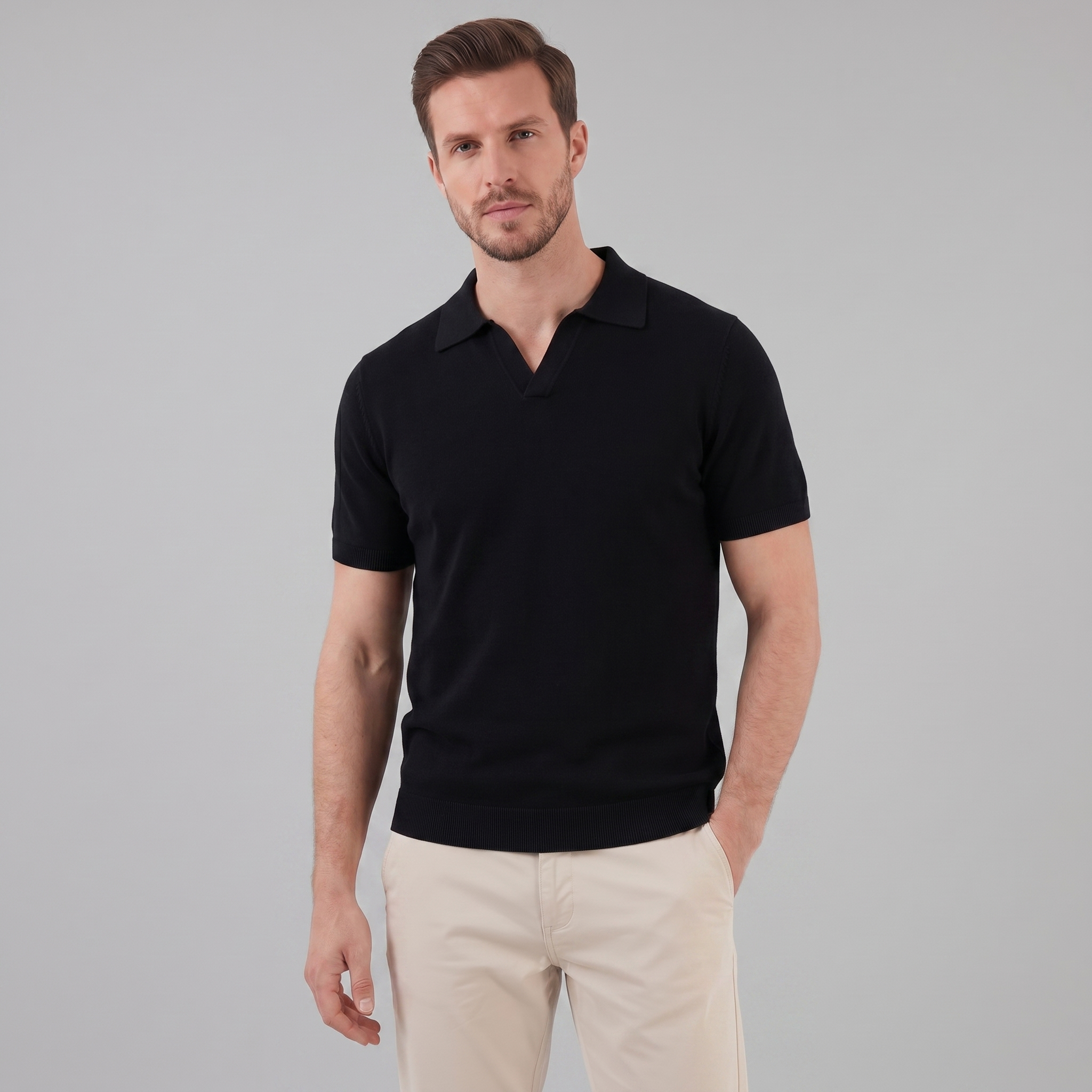 Men's V-Neck Knit Polo Shirt Short Sleeve Summer