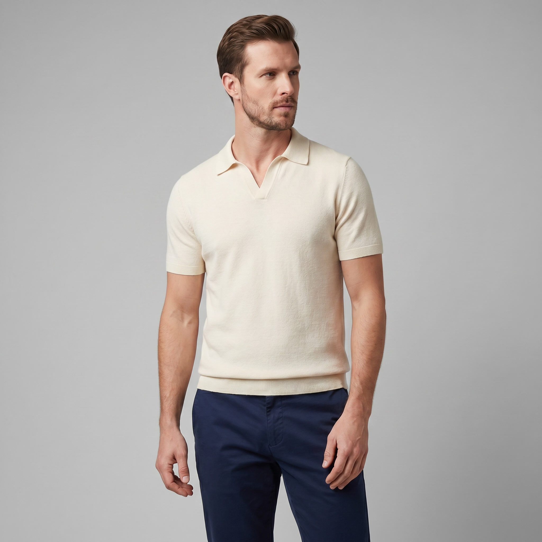 Men's V-Neck Knit Polo Shirt Short Sleeve Summer