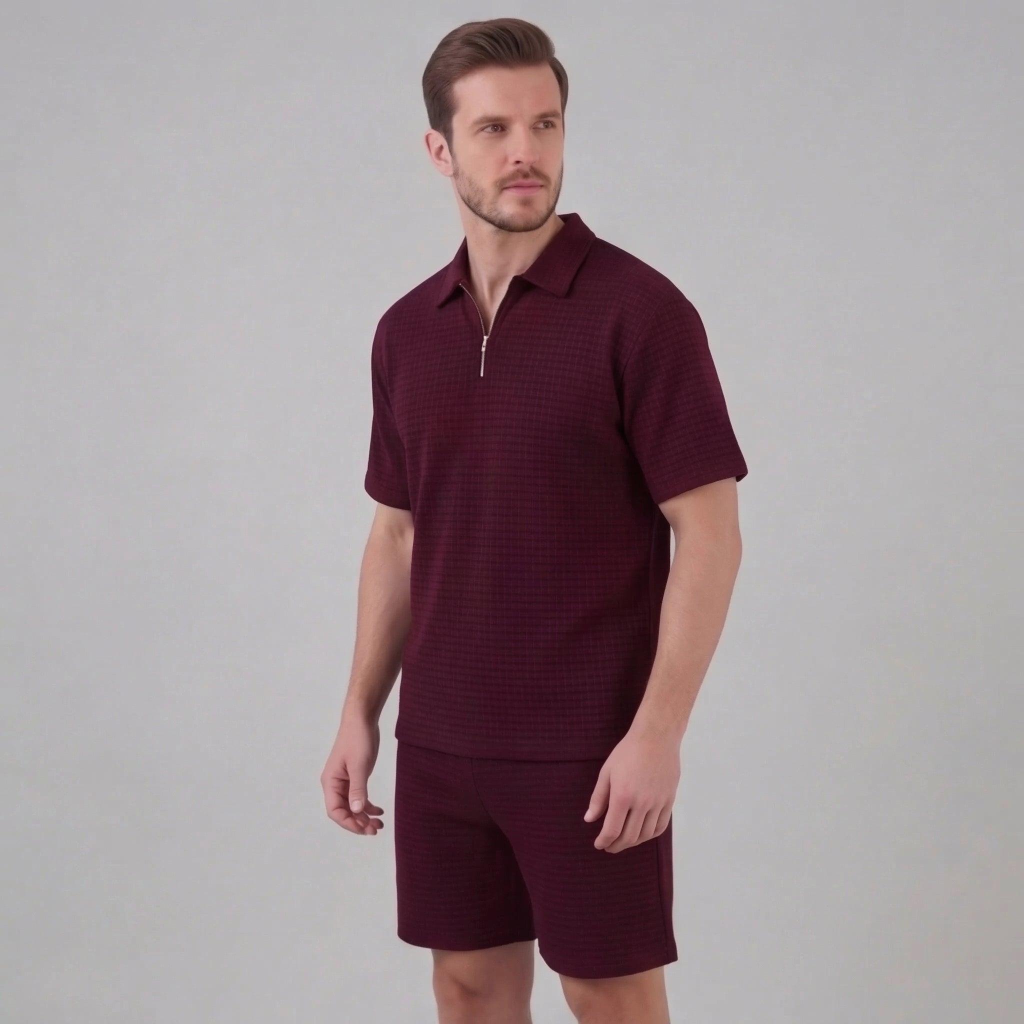 Men's Waffle Texture Zip Polo Shirt Shorts Co-ord Set Summer