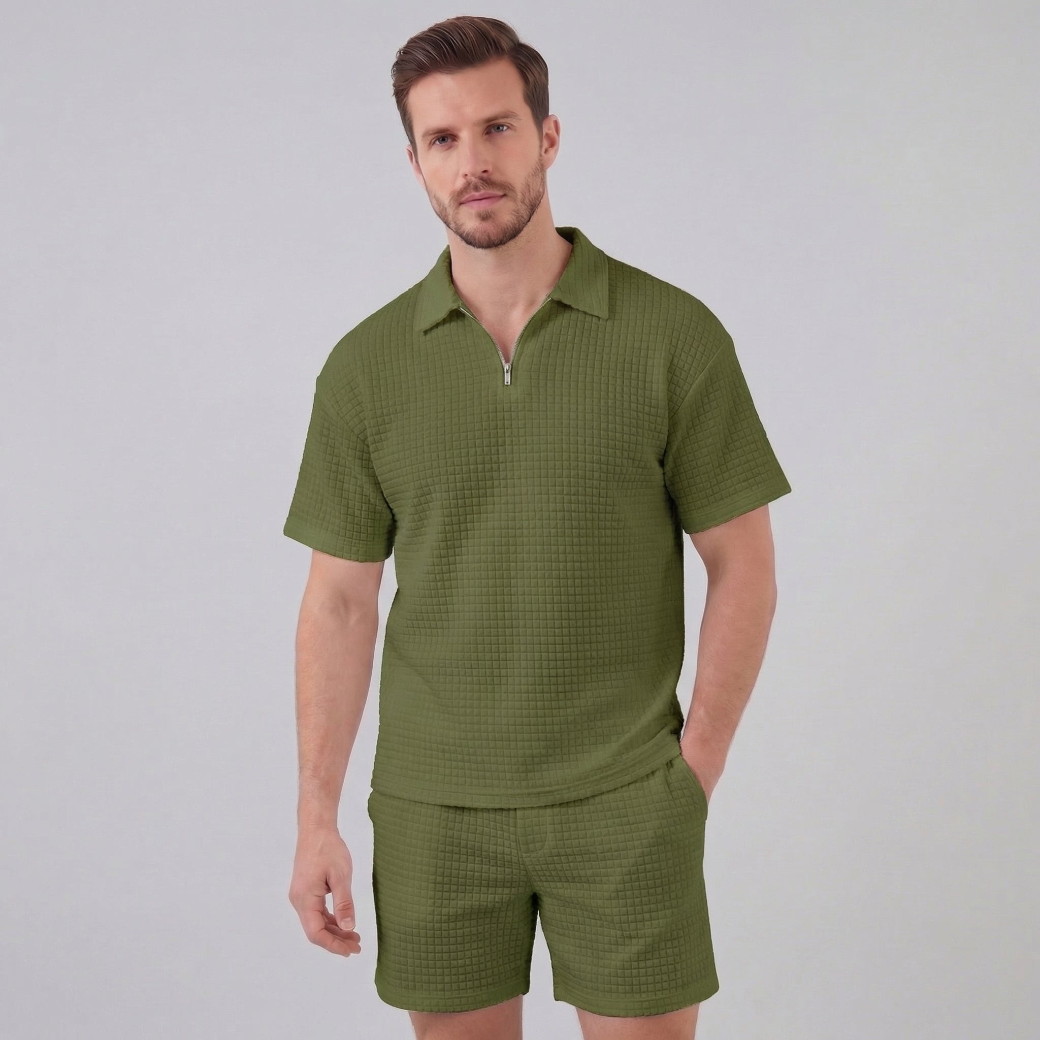 Men's Waffle Texture Zip Polo Shirt Shorts Co-ord Set Summer