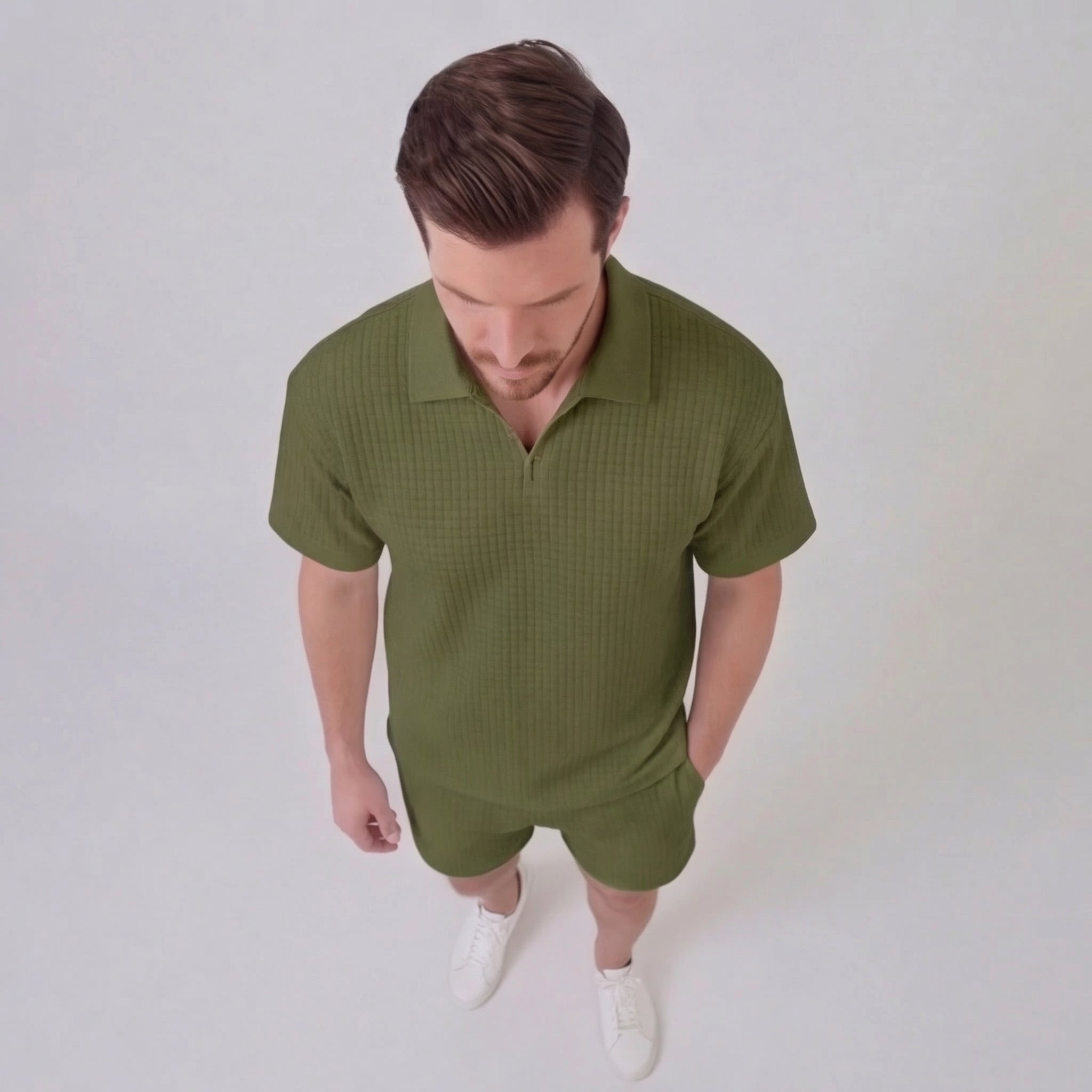 Men's Waffle Texture Zip Polo Shirt Shorts Co-ord Set Summer