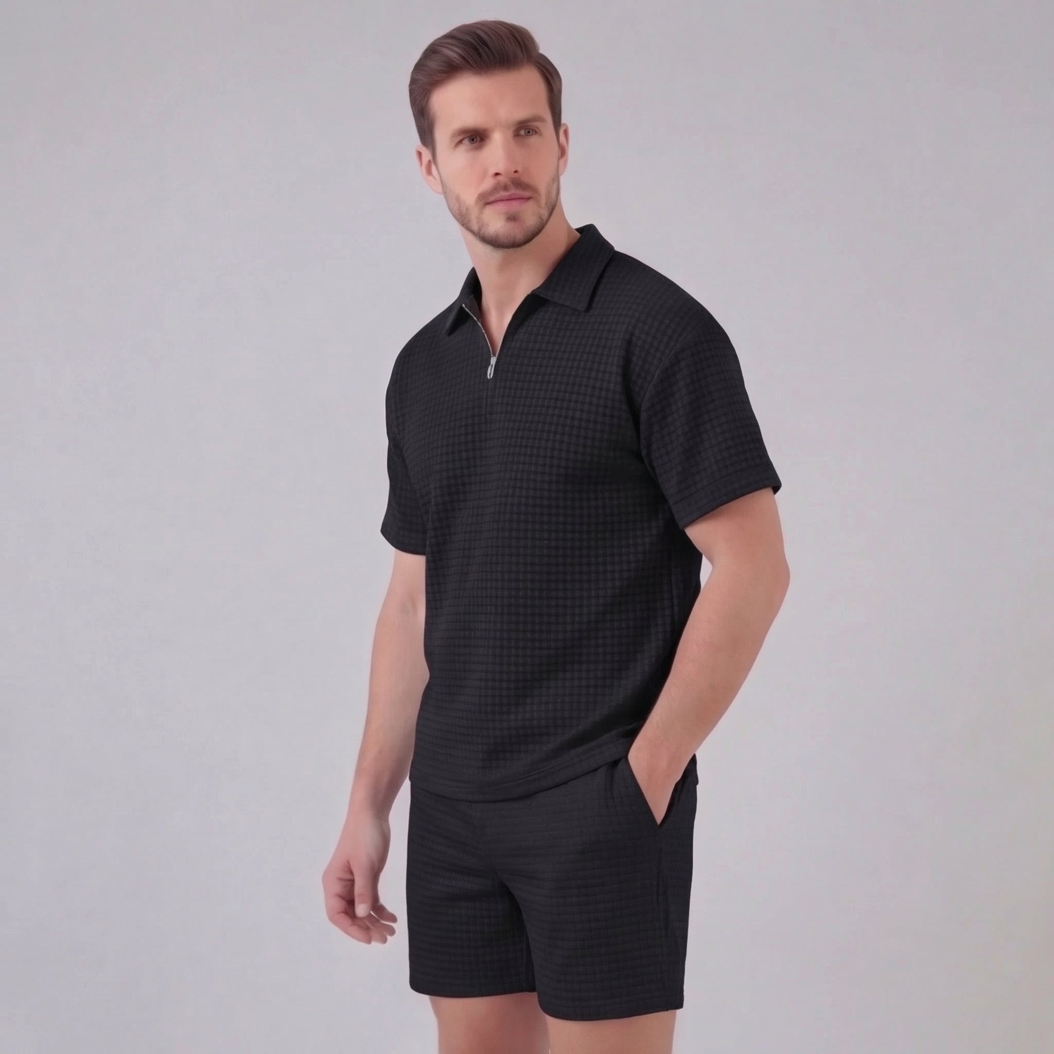 Men's Waffle Texture Zip Polo Shirt Shorts Co-ord Set Summer