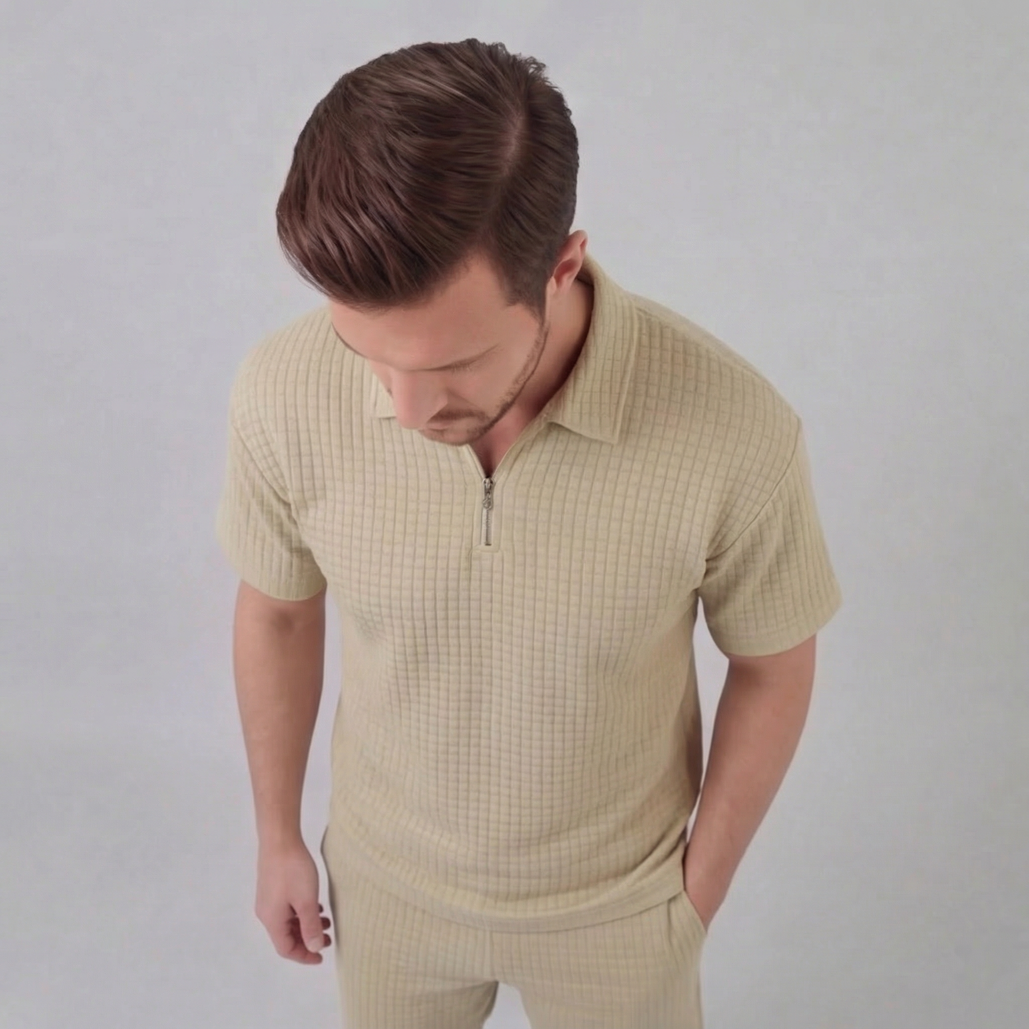 Men's Waffle Texture Zip Polo Shirt Shorts Co-ord Set Summer