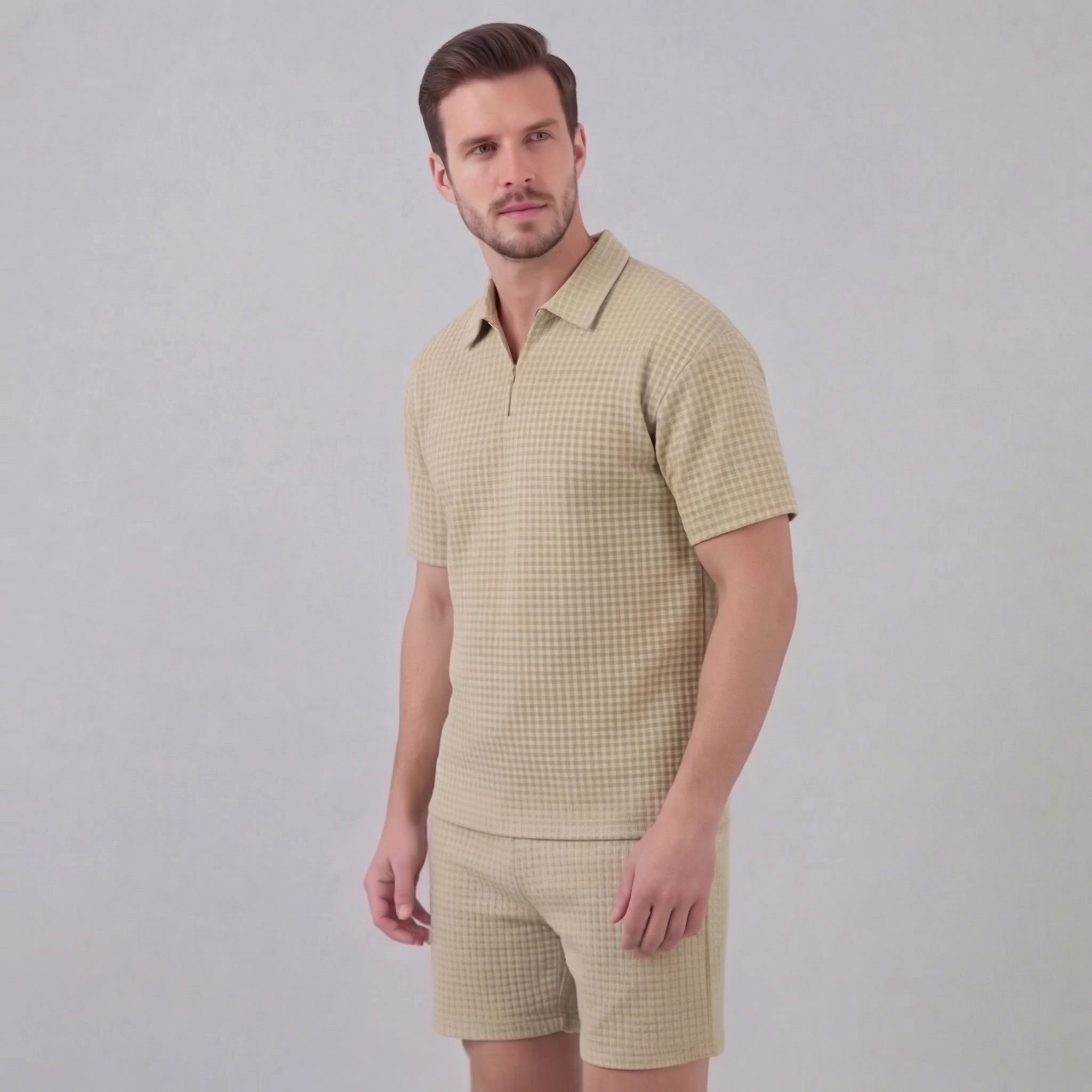 Men's Waffle Texture Zip Polo Shirt Shorts Co-ord Set Summer