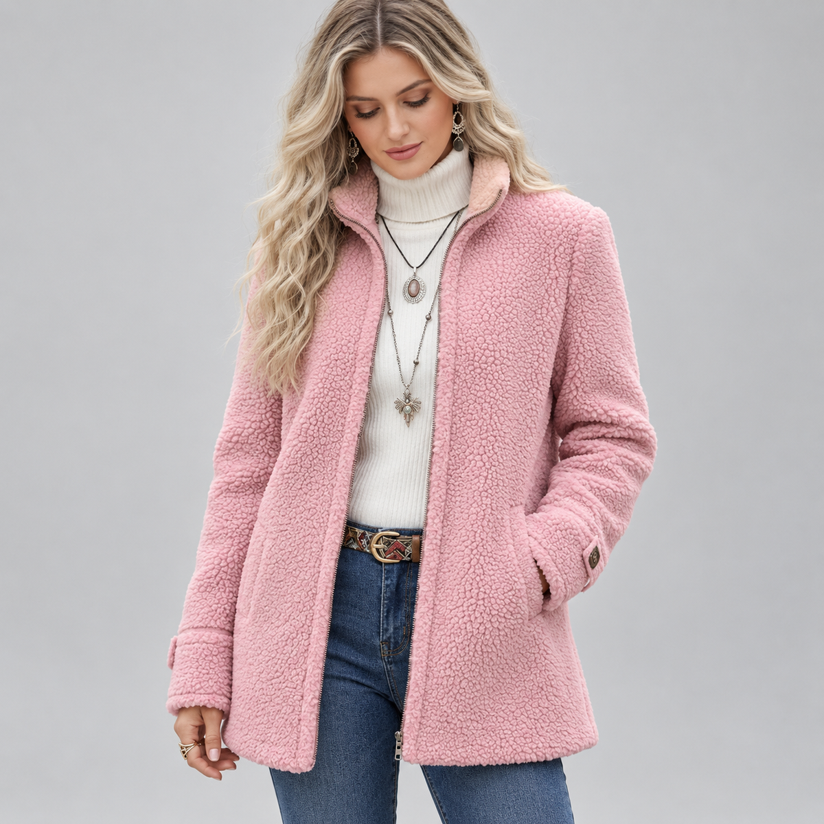 Women's Fluffy Teddy Fleece Full-Zip Jacket on a model, front detail
