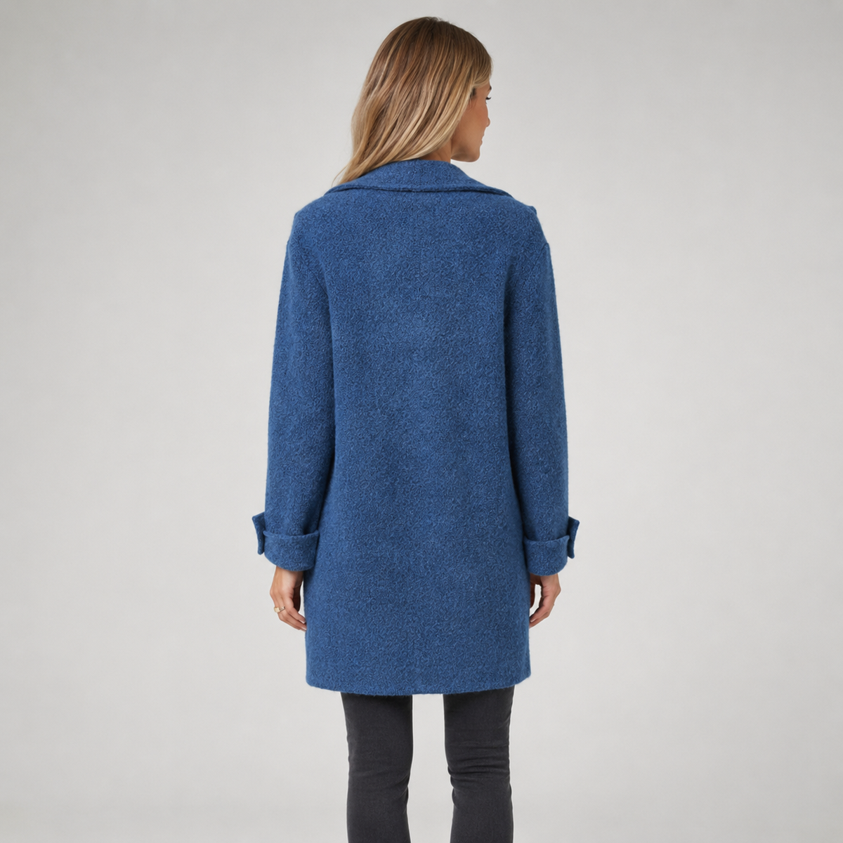 Women's Longline Button-Front Lapel Coat on a model, back view