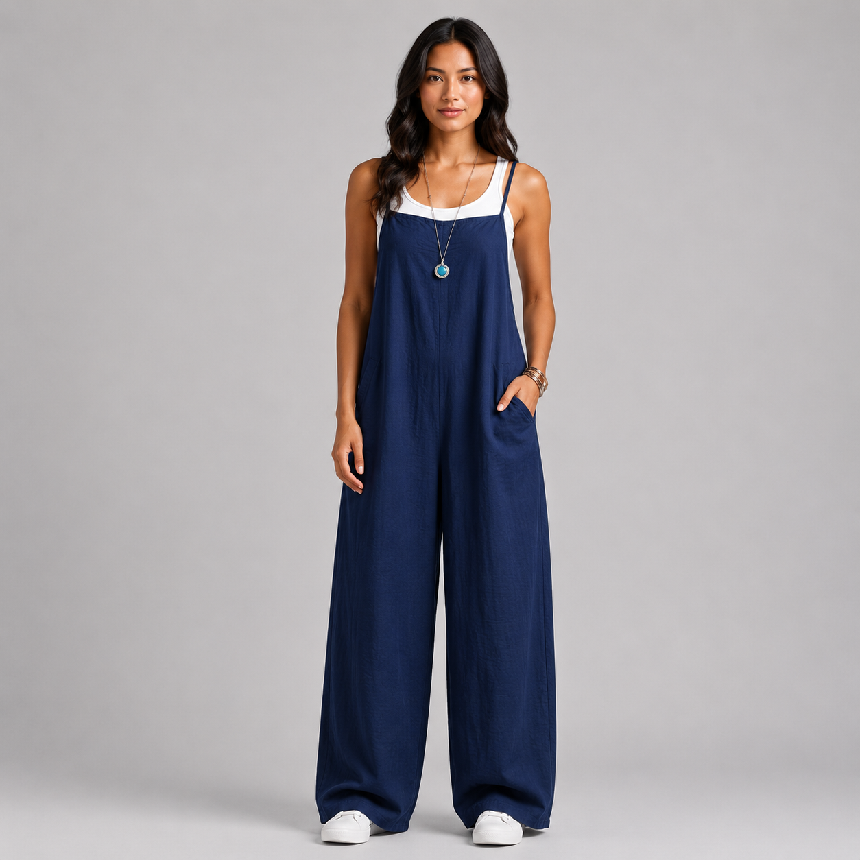 Women's Linen Wide Leg Pants Dungaree Jumpsuit