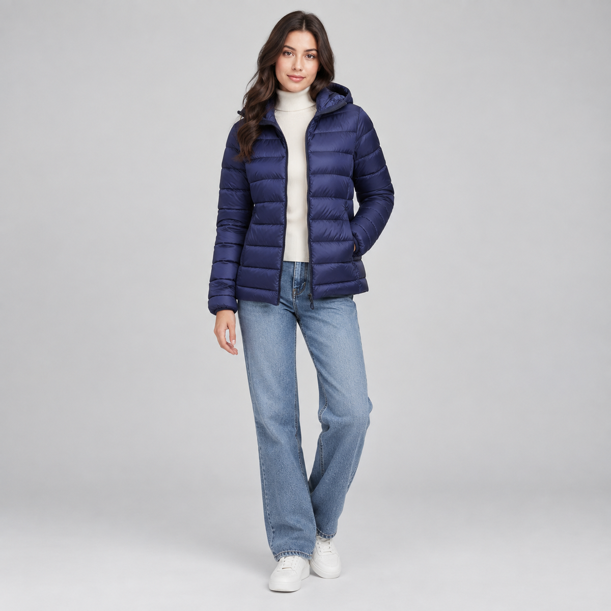 Women's Lightweight Hooded Quilted Jacket on a model, colour option