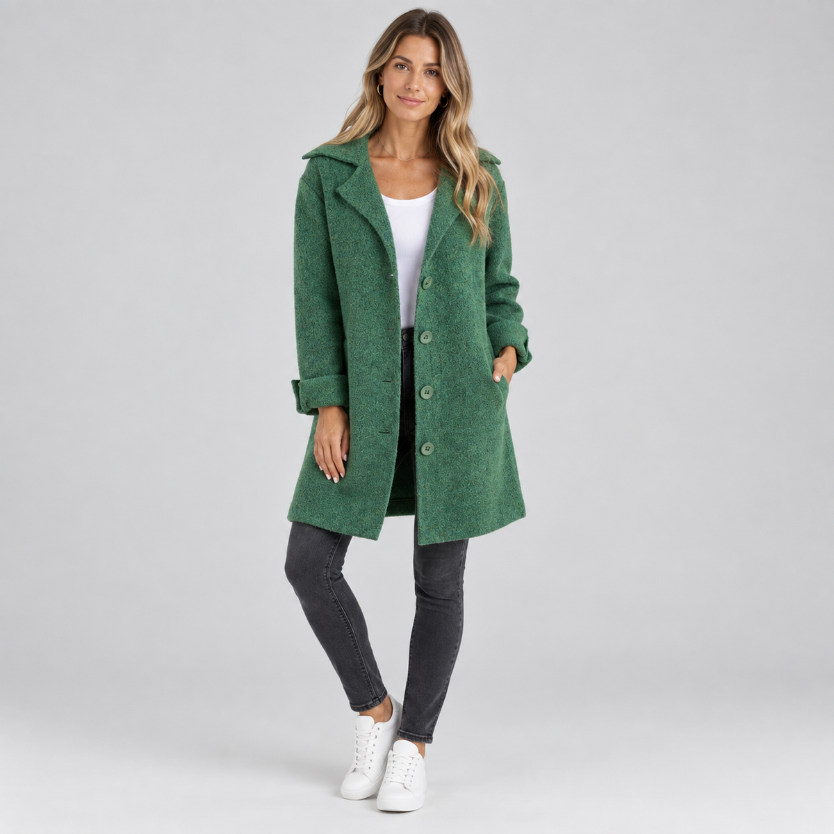 Women's Longline Button-Front Lapel Coat on a model, colour option