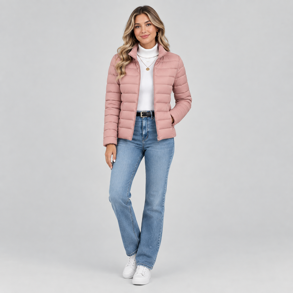 Women's Lightweight Quilted Puffer Coat on a model, colour option