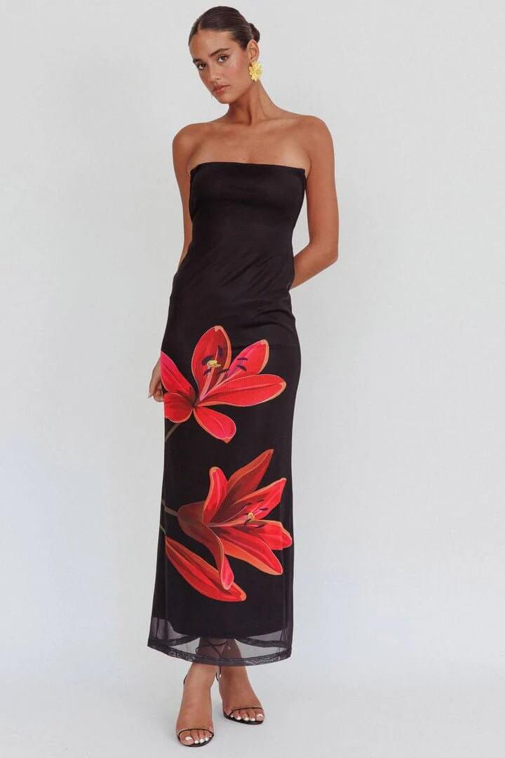 Cynthia - Midnight Bloom Strapless Maxi Dress - Lena Muse