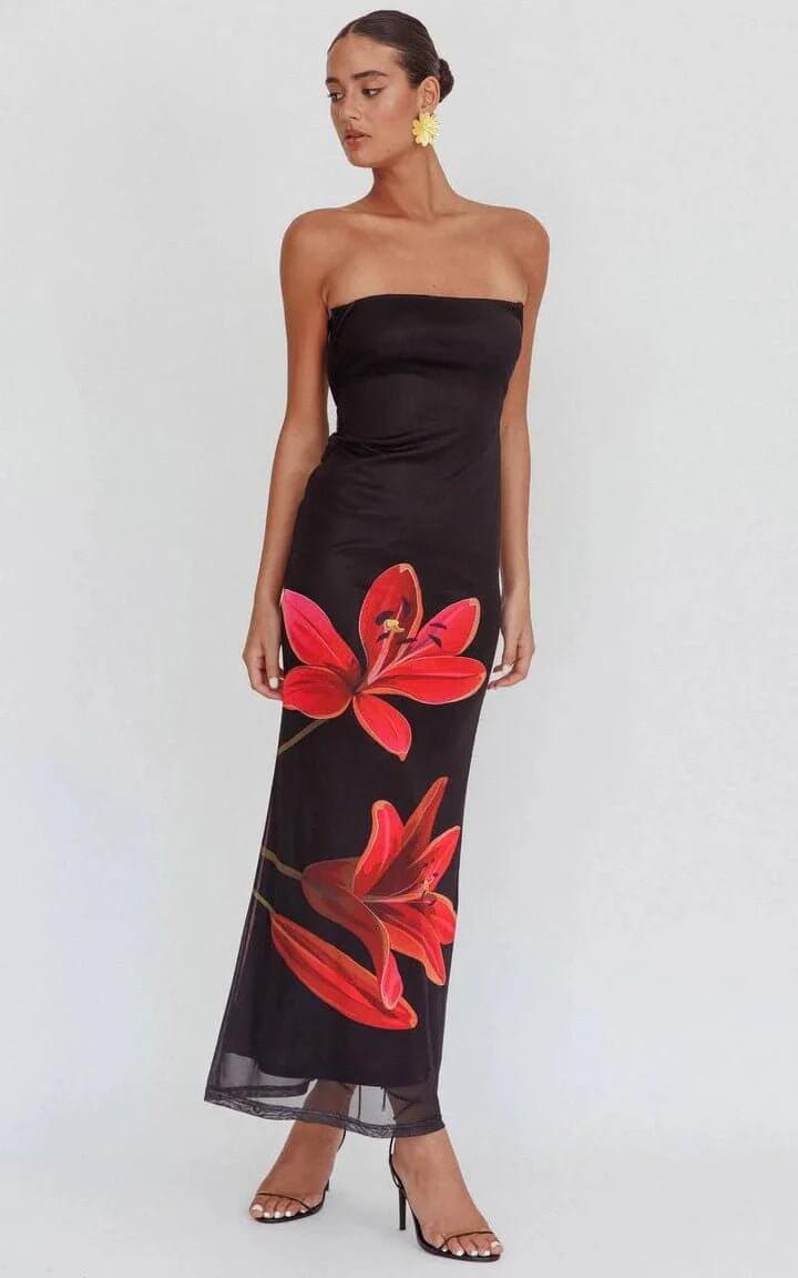 Cynthia - Midnight Bloom Strapless Maxi Dress - Lena Muse
