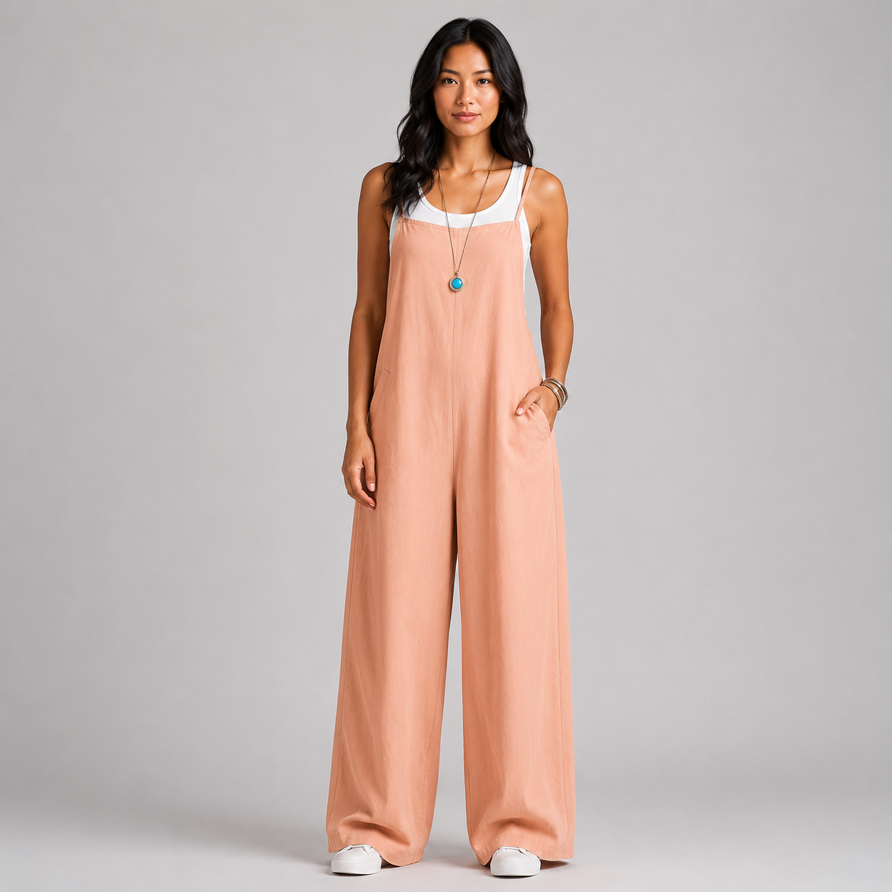 Women's Linen Wide Leg Pants Dungaree Jumpsuit