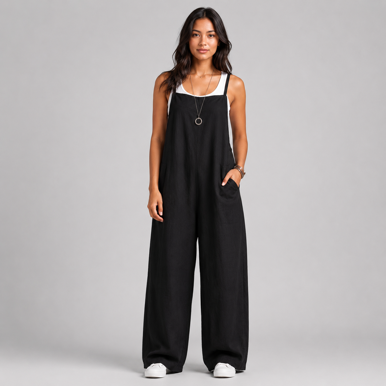 Women's Linen Wide Leg Pants Dungaree Jumpsuit