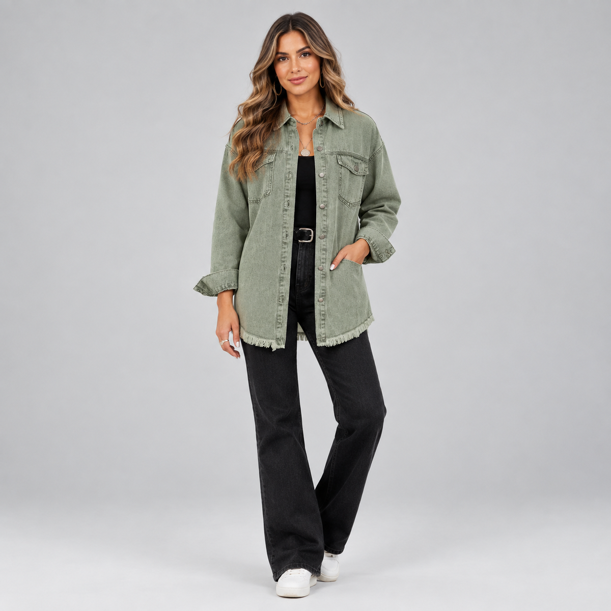 Women's Oversized Snap-Button Denim Jacket on a model, colour option